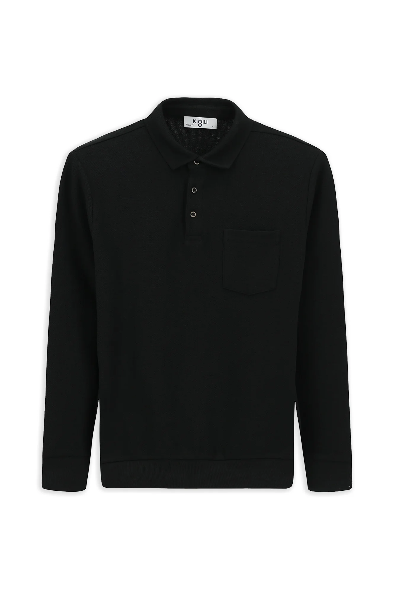 Siyah Polo Yaka Regular Fit Desenli Cepli Pamuk Sweatshirt - Image 7