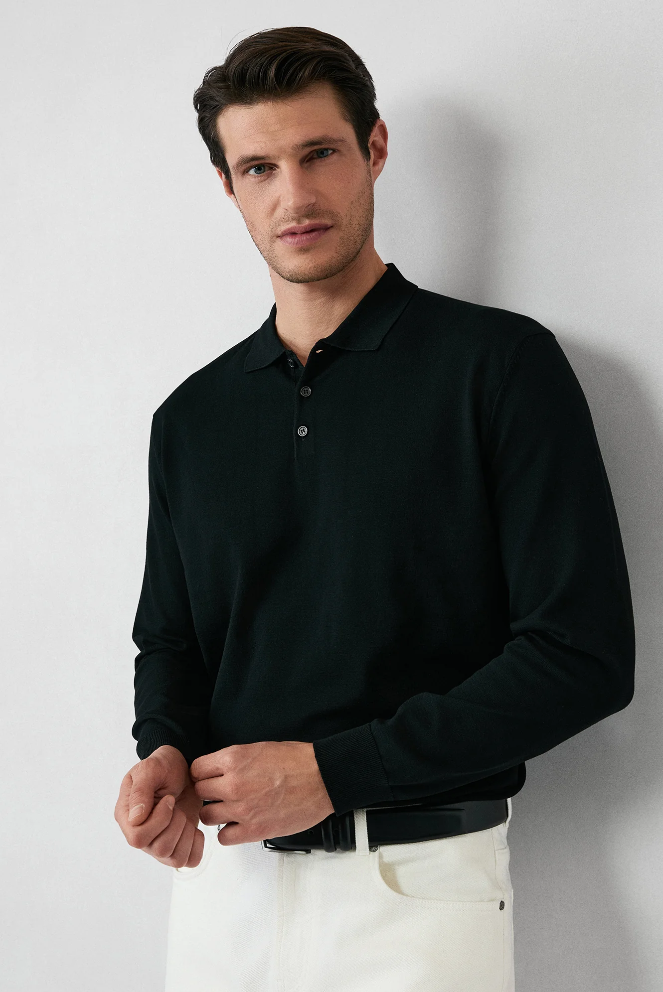 Siyah Regular Fit Düğmeli Polo Yaka Triko Kazak