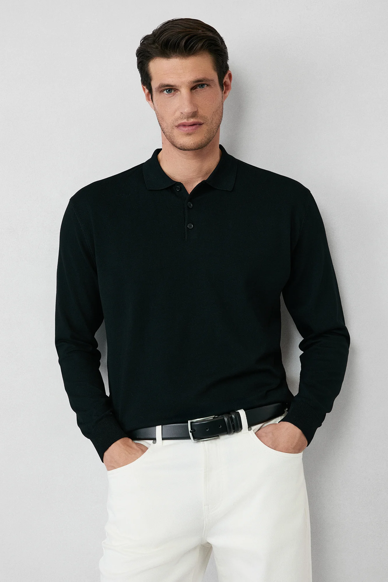 Siyah Regular Fit Düğmeli Polo Yaka Triko Kazak - Image 2