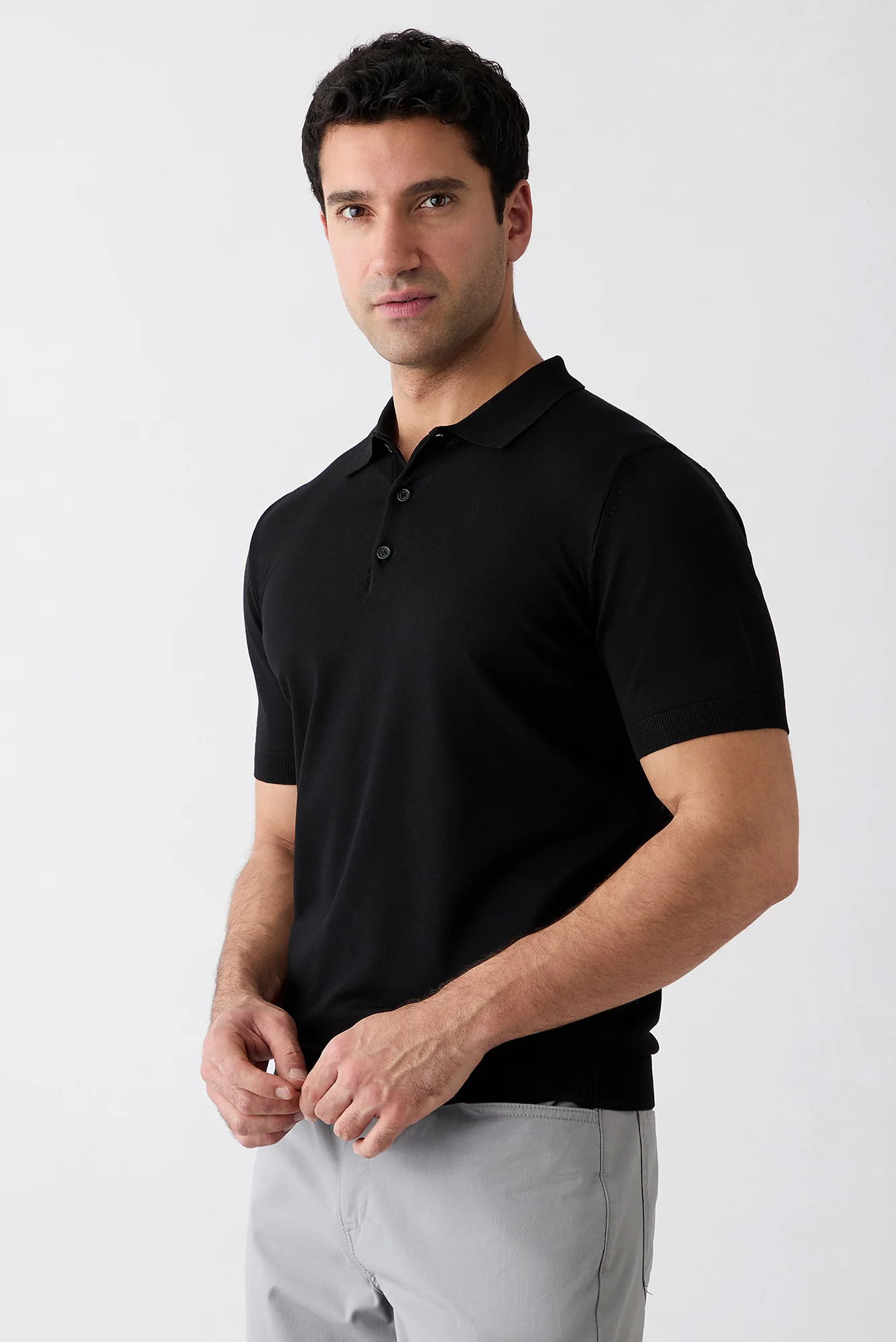 Siyah Regular Fit Düğmeli Polo Yaka Örme Tişört - Image 2