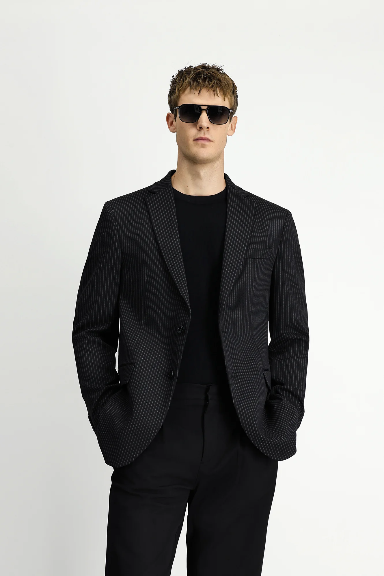 Siyah 7 Drop Super Slim Fit Eksra Dar Kesim Örme Klasik Çizgili Ceket - Image 4
