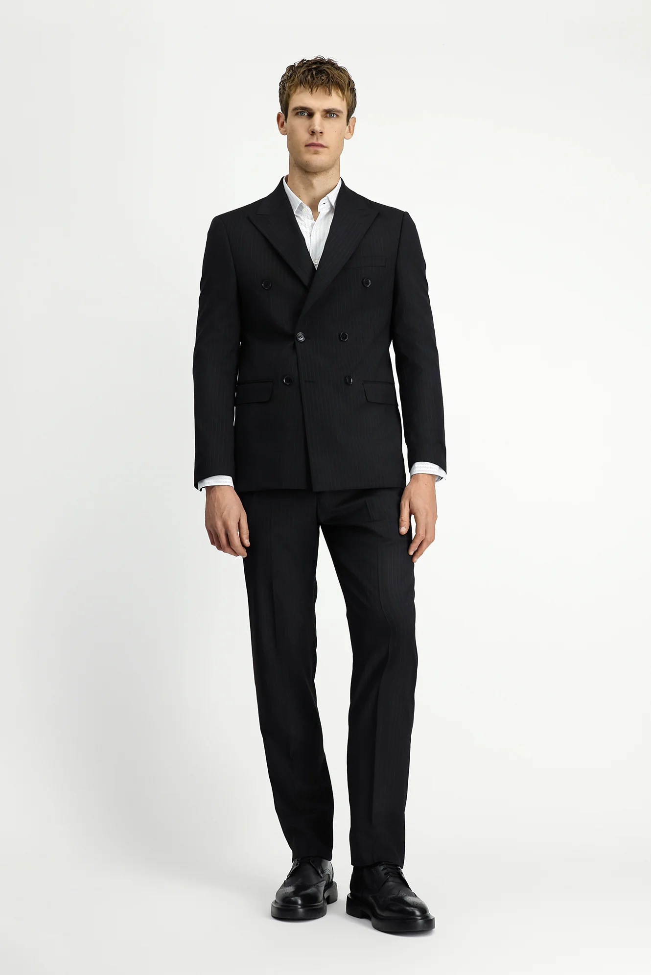 Siyah 6 Drop Regular Fit Standart Kesim Yünlü Çizgili Kruvaze Takım Elbise - Image 2