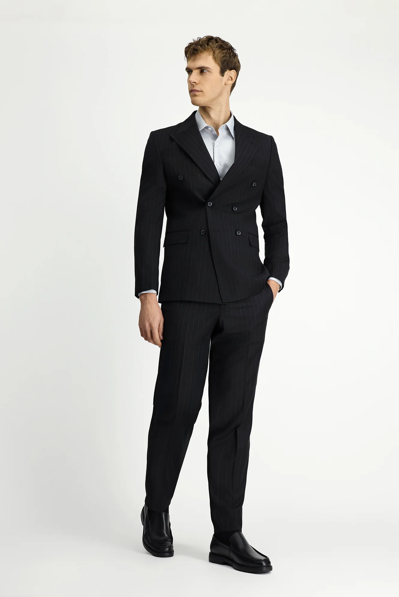 Siyah 6 Drop Regular Fit Standart Kesim Çizgili Yünlü Kruvaze Takım Elbise - Image 2