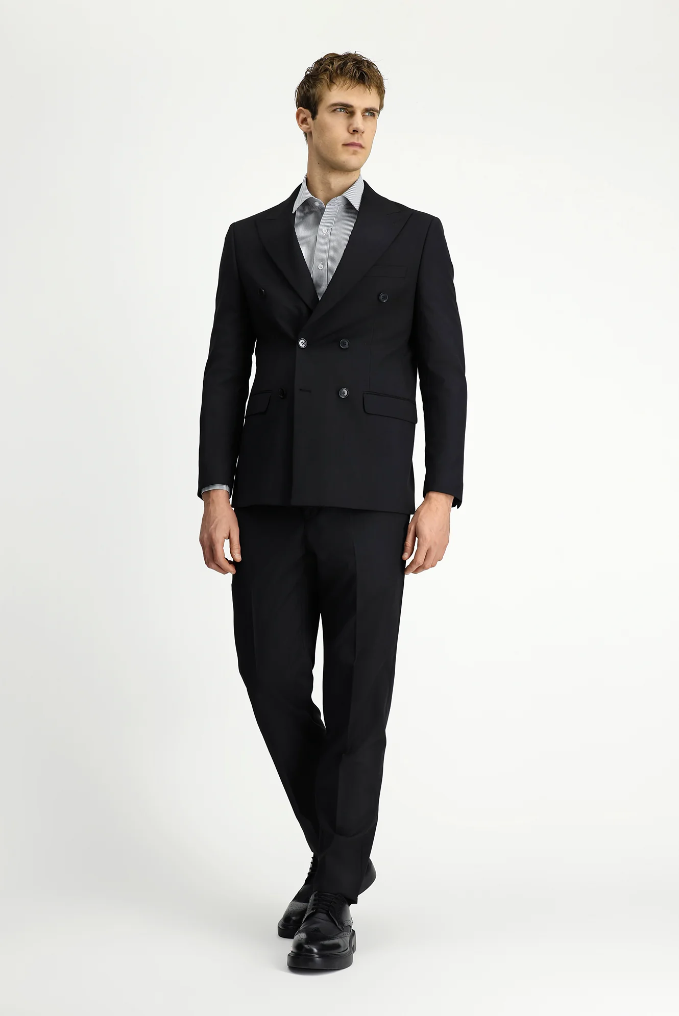 Siyah 6 Drop Regular Fit Standart Kesim Çizgili Yünlü Kruvaze Takım Elbise - Image 2