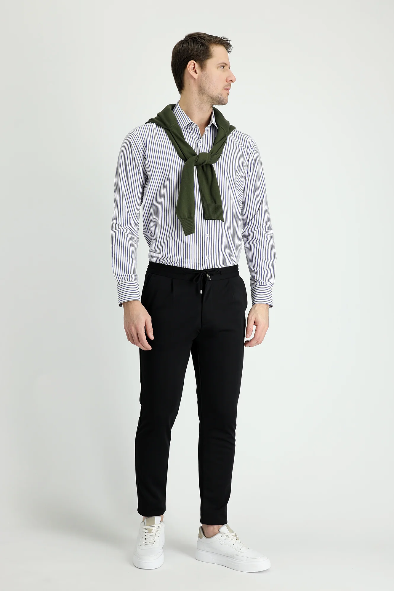 Siyah Relaxed Fit Rahat Kesim Beli Lastikli İpli Likralı Pantolon - Image 2