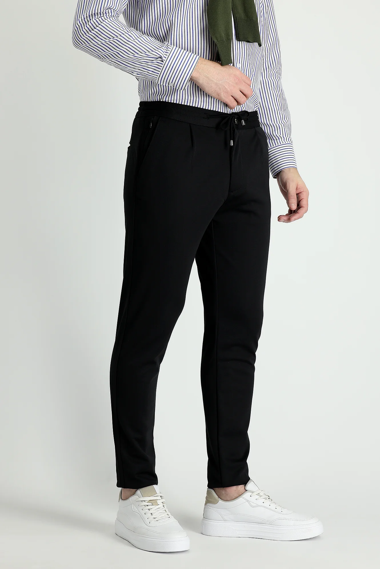 Siyah Relaxed Fit Rahat Kesim Beli Lastikli İpli Likralı Pantolon - Image 3
