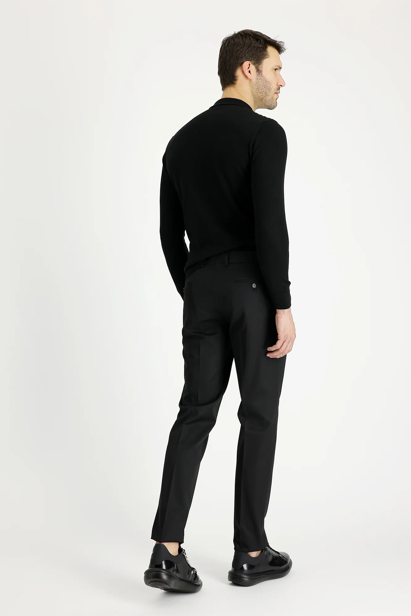 Siyah 4 Drop Relaxed Fit Rahat Kesim Yünlü Klasik Kumaş Pantolon - Image 3