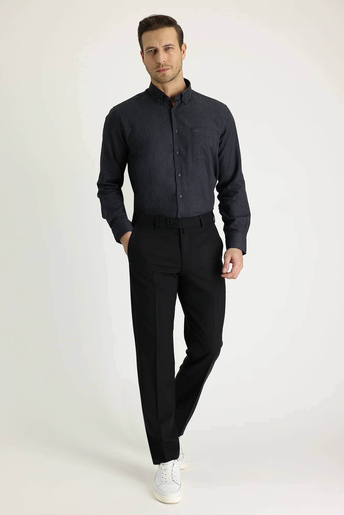 Siyah 4 Drop Relaxed Fit Rahat Kesim Yünlü Klasik Kumaş Pantolon