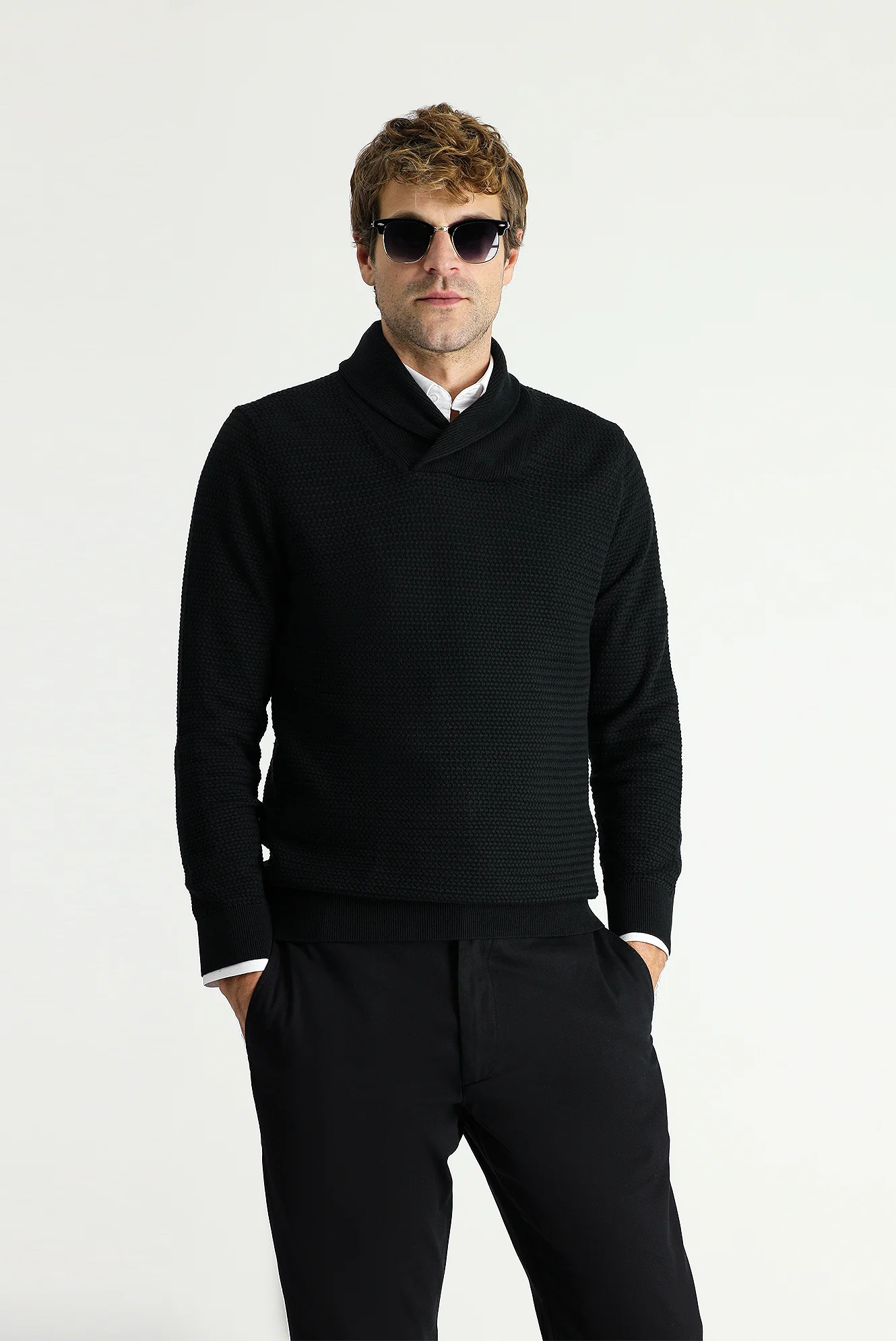 Siyah Şal Yaka Slim Fit Dar Kesim Desenli Pamuklu Triko Kazak - Image 2