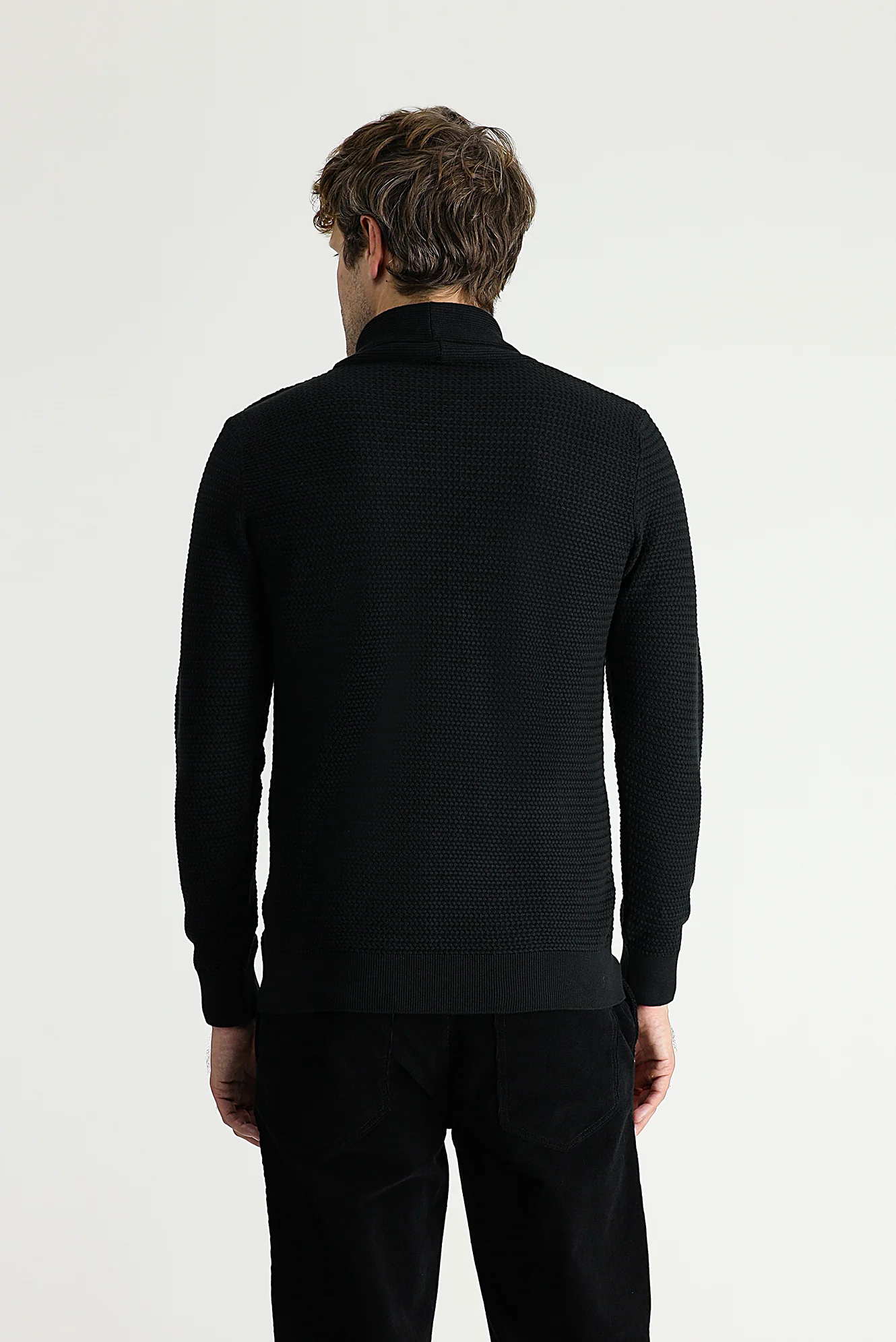 Siyah Şal Yaka Slim Fit Dar Kesim Desenli Pamuklu Triko Kazak - Image 4