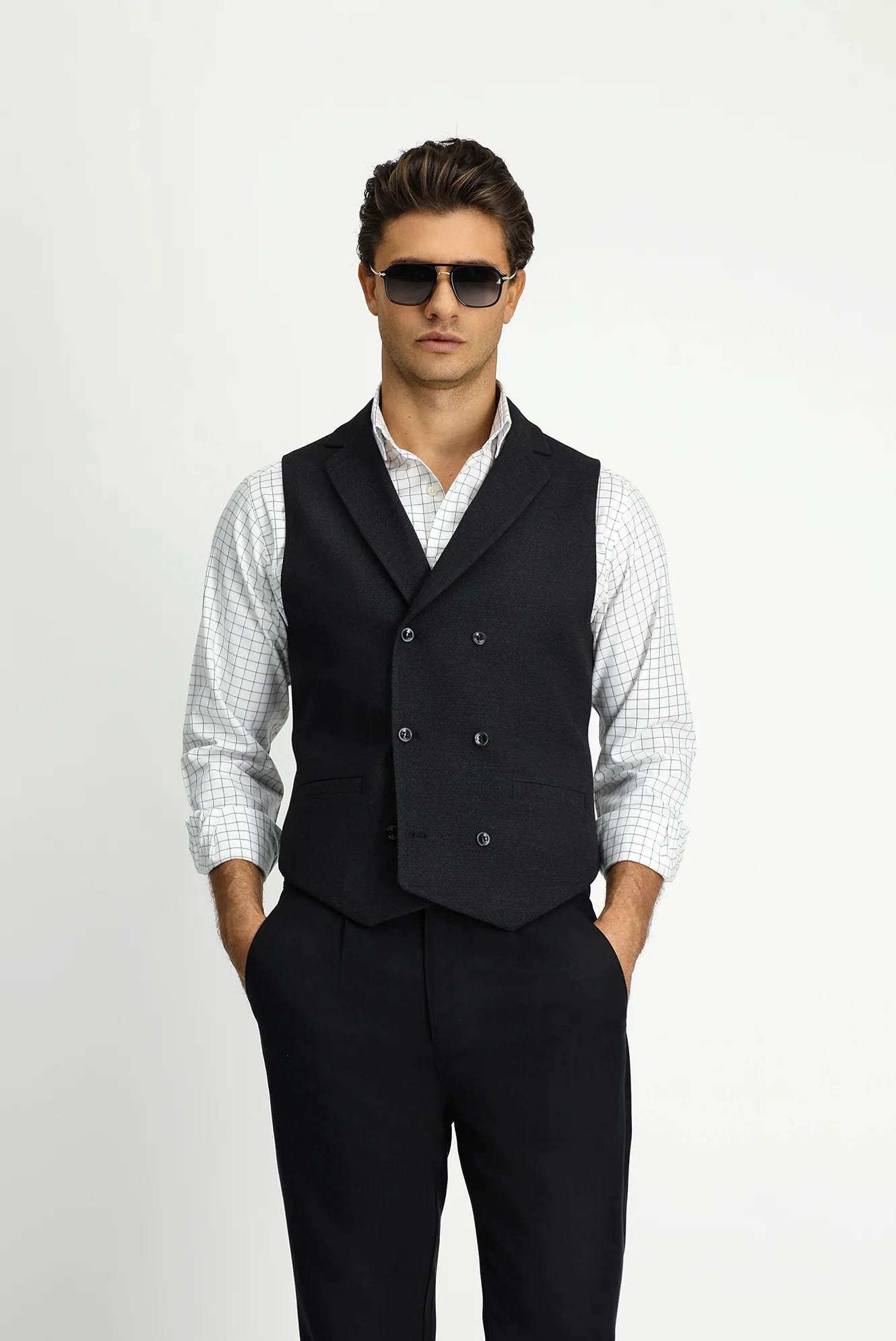 Siyah Slim Fit Dar Kesim Desenli Klasik Kruvaze Yelek