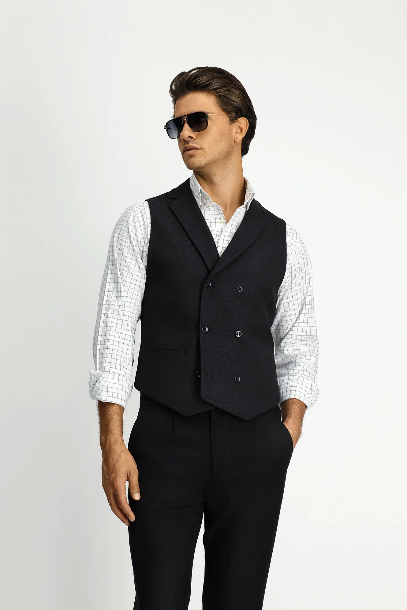 Siyah Slim Fit Dar Kesim Desenli Klasik Kruvaze Yelek - Image 3