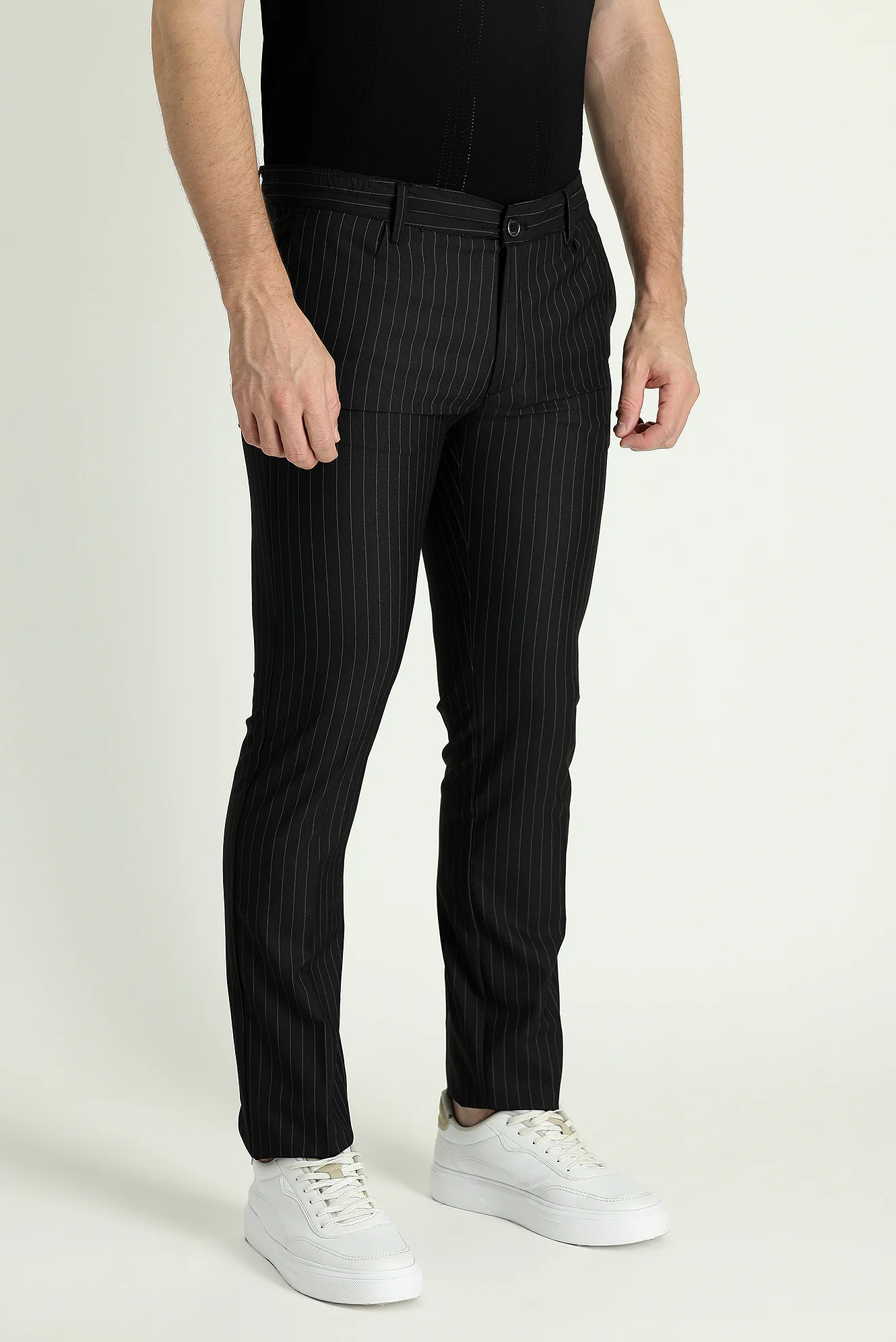 Siyah 7 Drop Slim Fit Dar Kesim Beli Lastikli Çizgili Likralı Klasik Kumaş Pantolon - Image 2