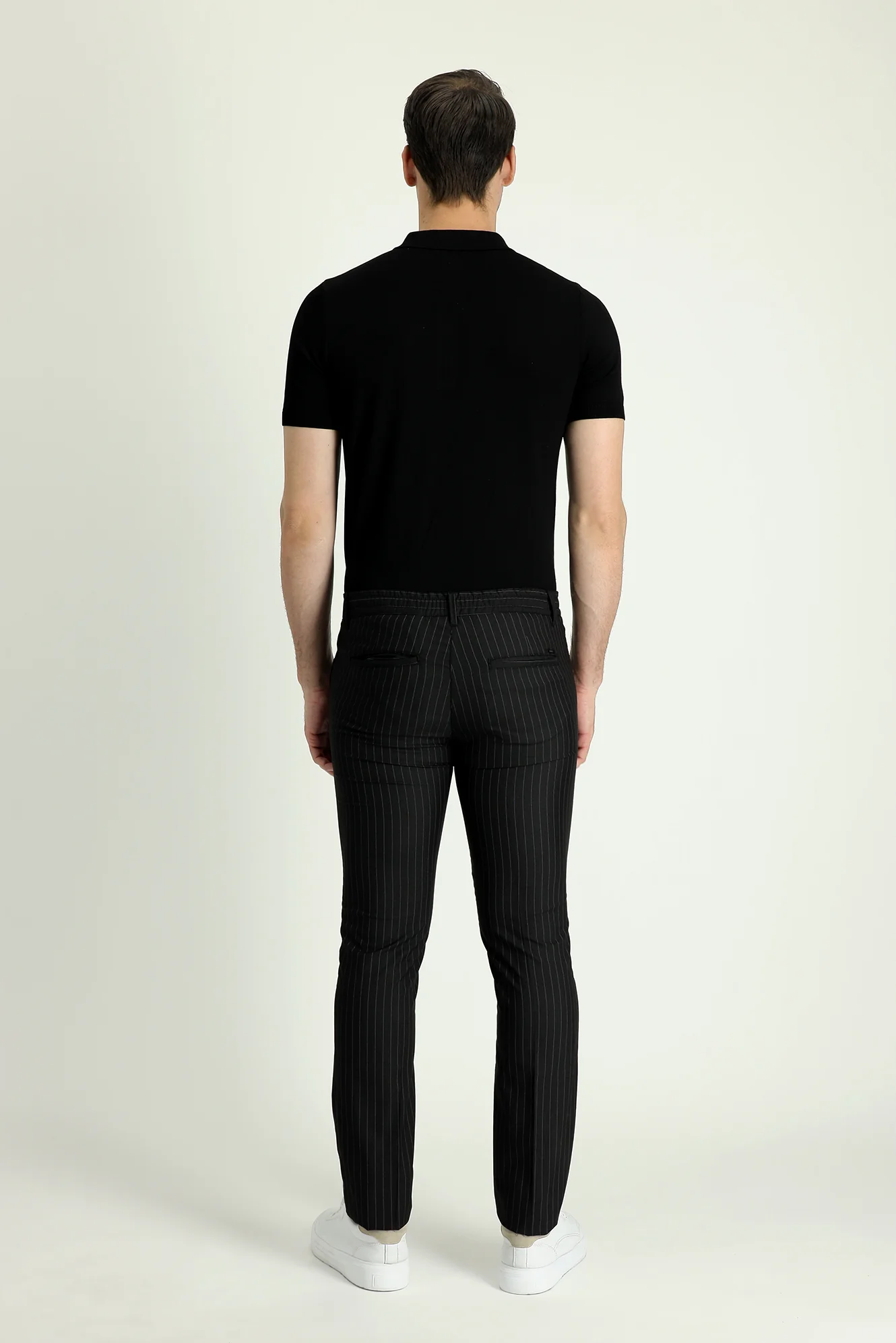 Siyah 7 Drop Slim Fit Dar Kesim Beli Lastikli Çizgili Likralı Klasik Kumaş Pantolon - Image 3