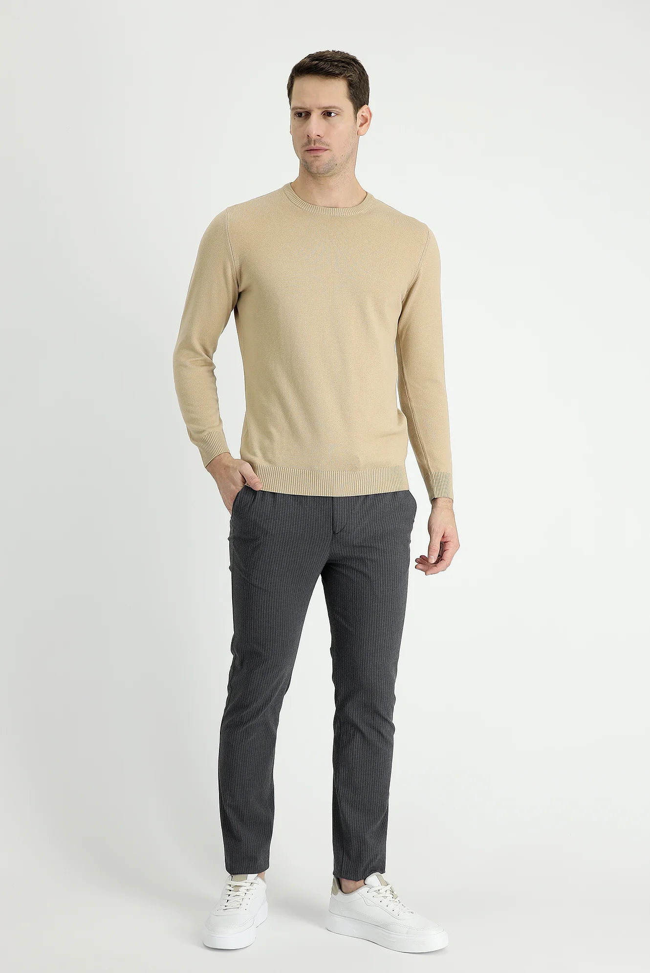 Siyah 7 Drop Slim Fit Dar Kesim Beli Lastikli İpli Çizgili Likralı Klasik Kumaş Pantolon