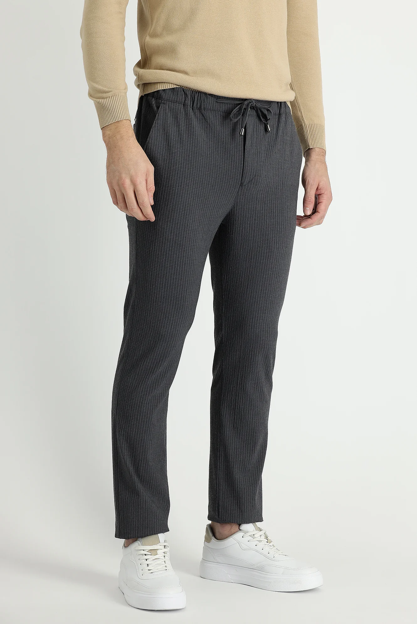 Siyah 7 Drop Slim Fit Dar Kesim Beli Lastikli İpli Çizgili Likralı Klasik Kumaş Pantolon - Image 2