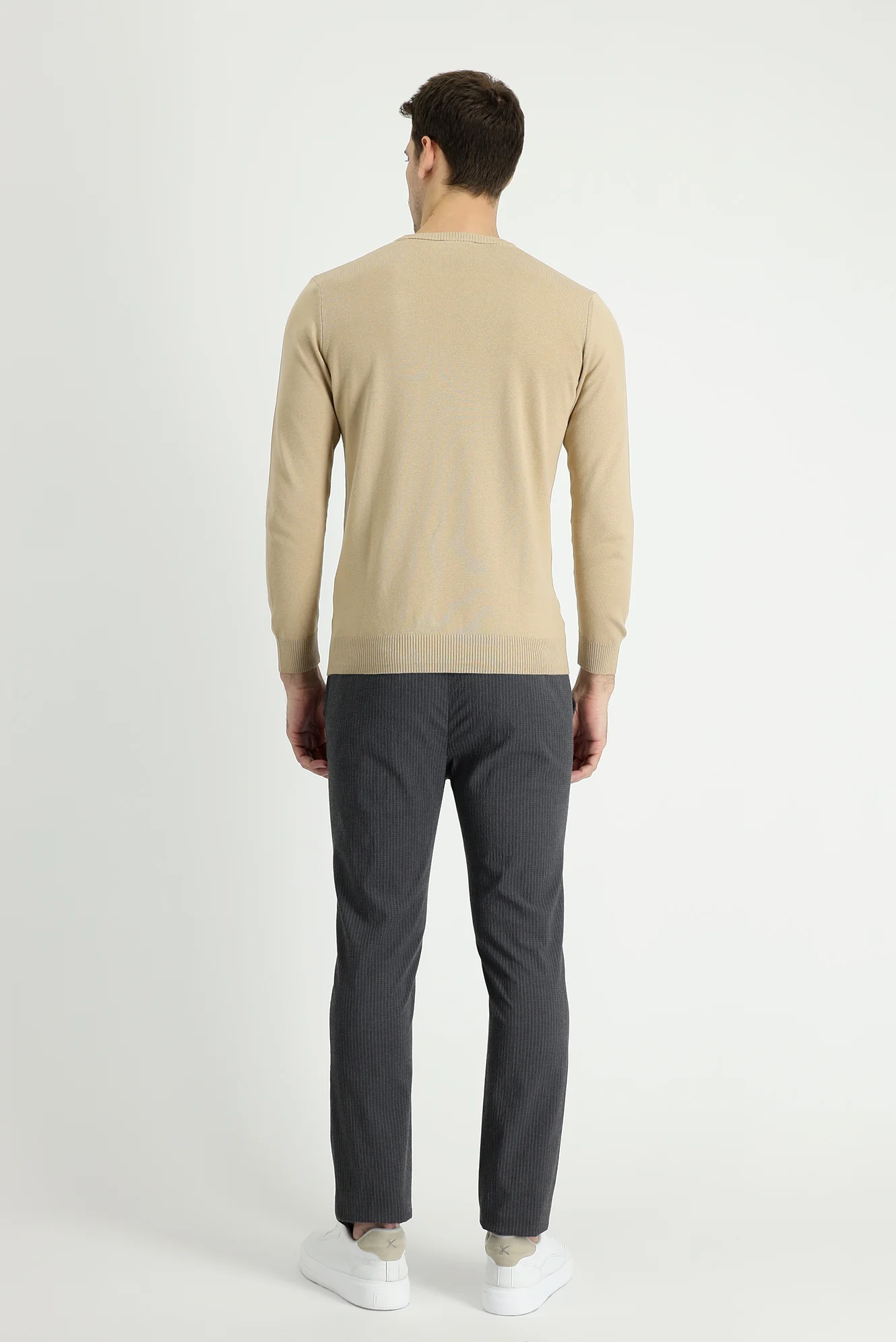 Siyah 7 Drop Slim Fit Dar Kesim Beli Lastikli İpli Çizgili Likralı Klasik Kumaş Pantolon - Image 3