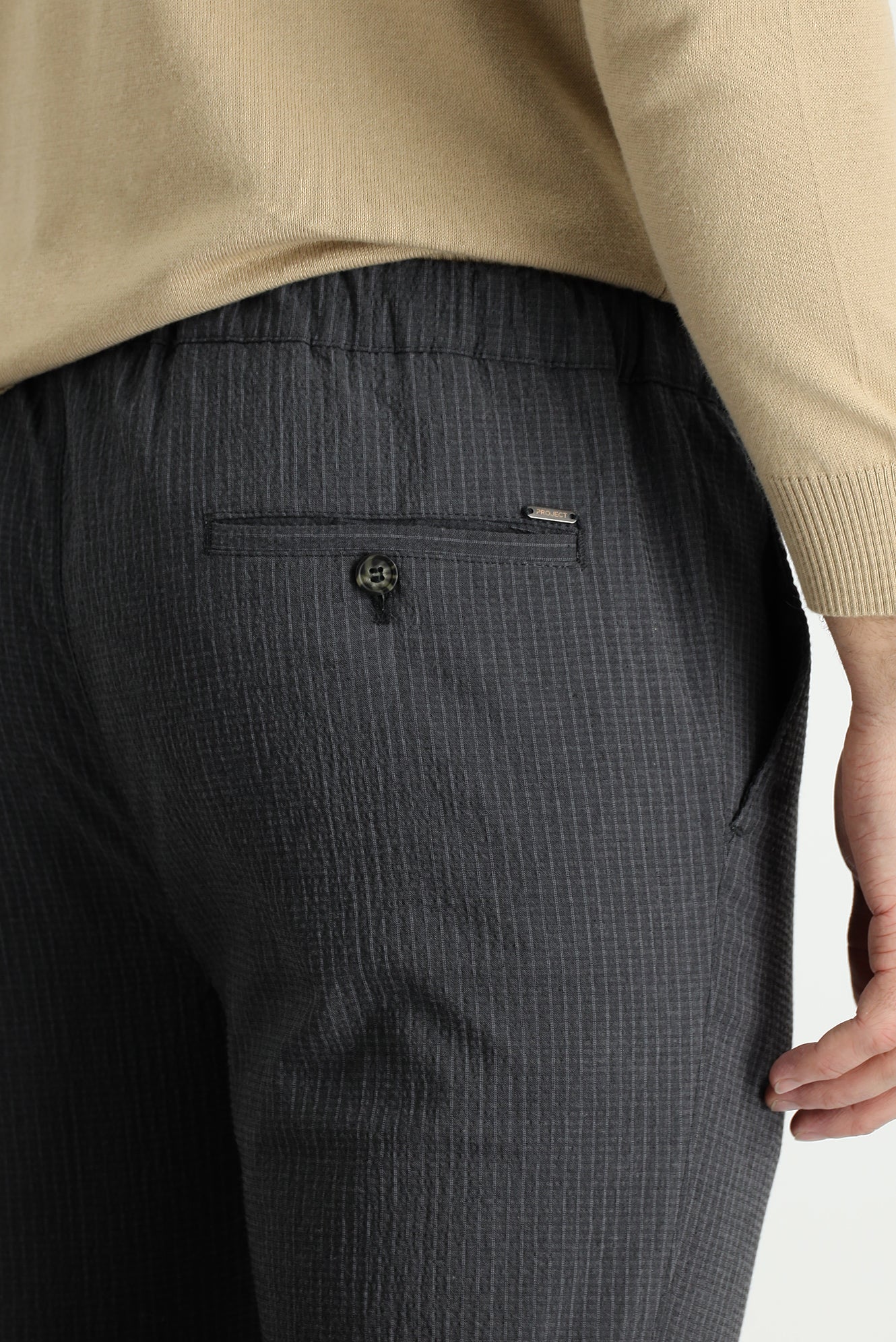 Siyah 7 Drop Slim Fit Dar Kesim Beli Lastikli İpli Çizgili Likralı Klasik Kumaş Pantolon - Image 4