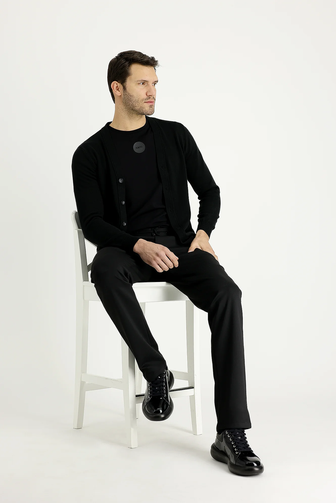 Siyah 7 Drop Slim Fit Dar Kesim Beli Lastikli İpli Desenli Likralı Kumaş Pantolon