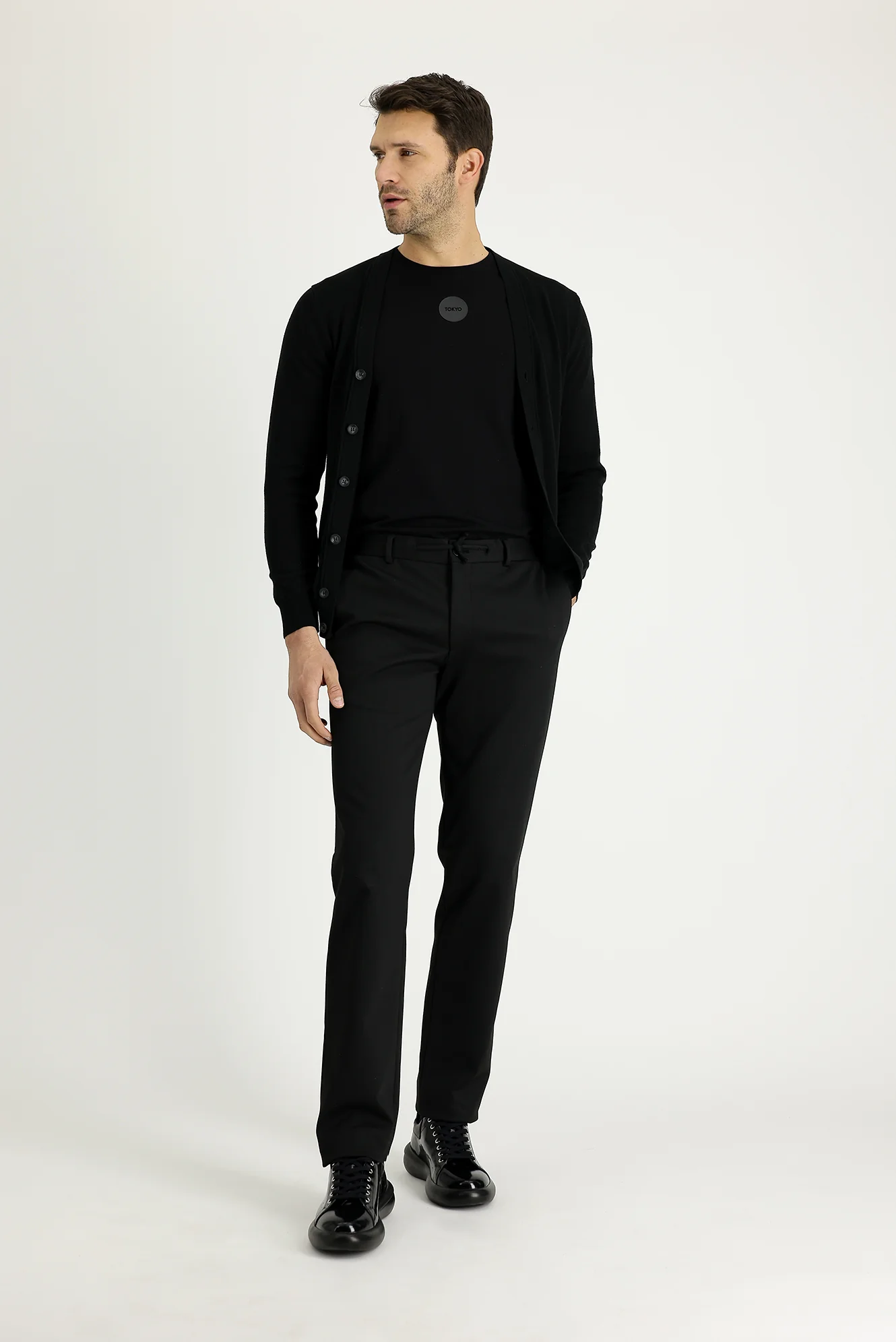 Siyah 7 Drop Slim Fit Dar Kesim Beli Lastikli İpli Desenli Likralı Kumaş Pantolon - Image 2