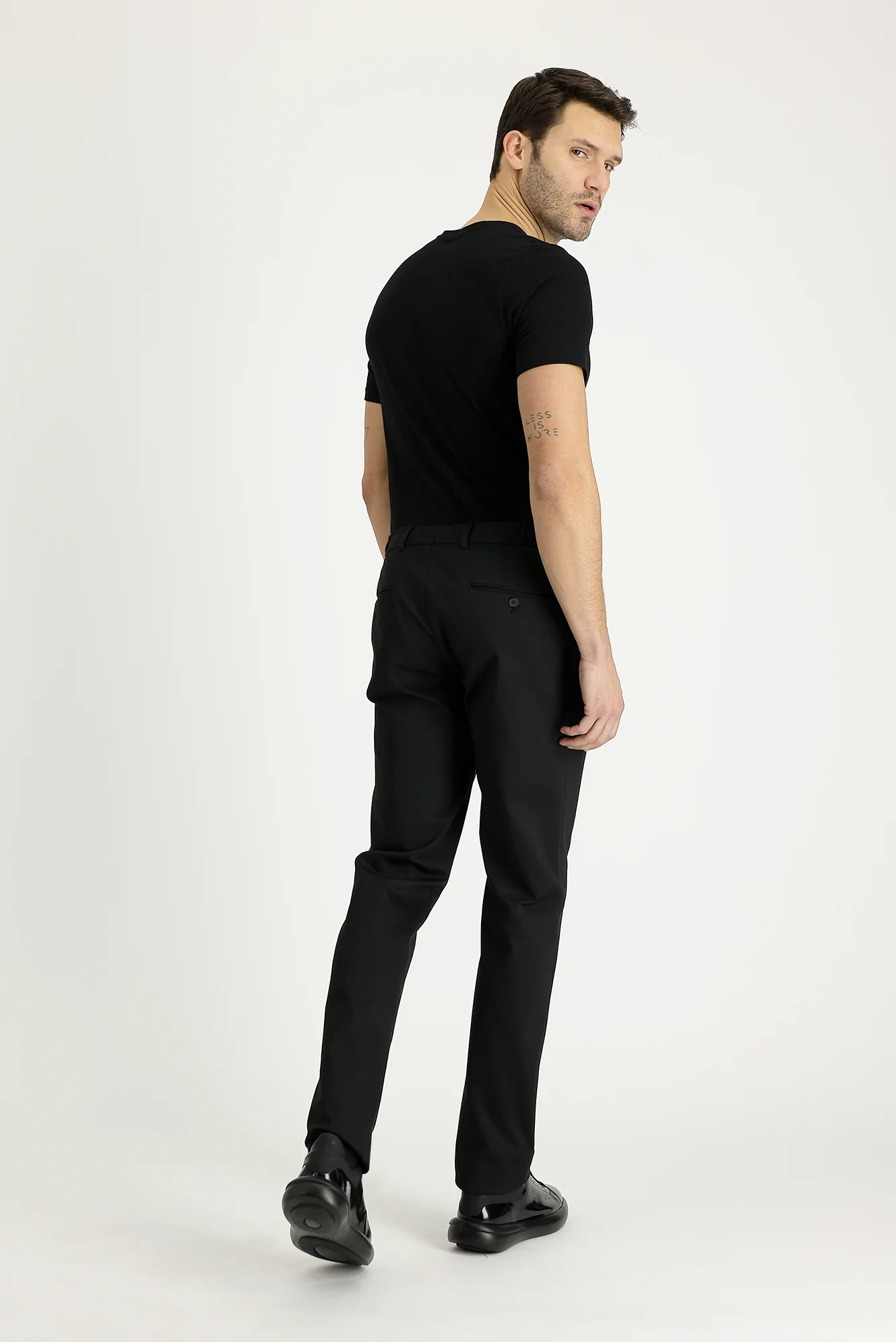 Siyah 7 Drop Slim Fit Dar Kesim Beli Lastikli İpli Desenli Likralı Kumaş Pantolon - Image 3