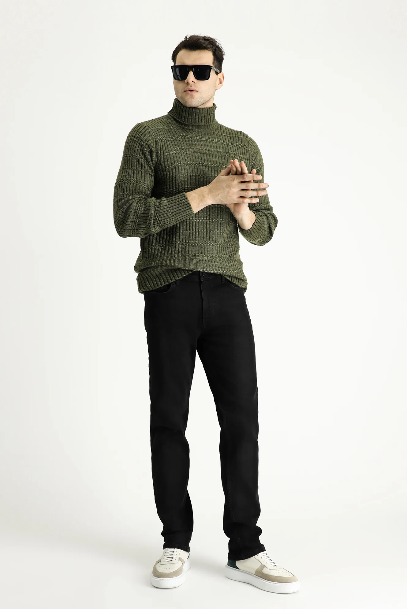 Siyah Slim Fit Dar Kesim Beli Lastikli İpli Likralı Örme Kanvas / Chino Pantolon - Image 2