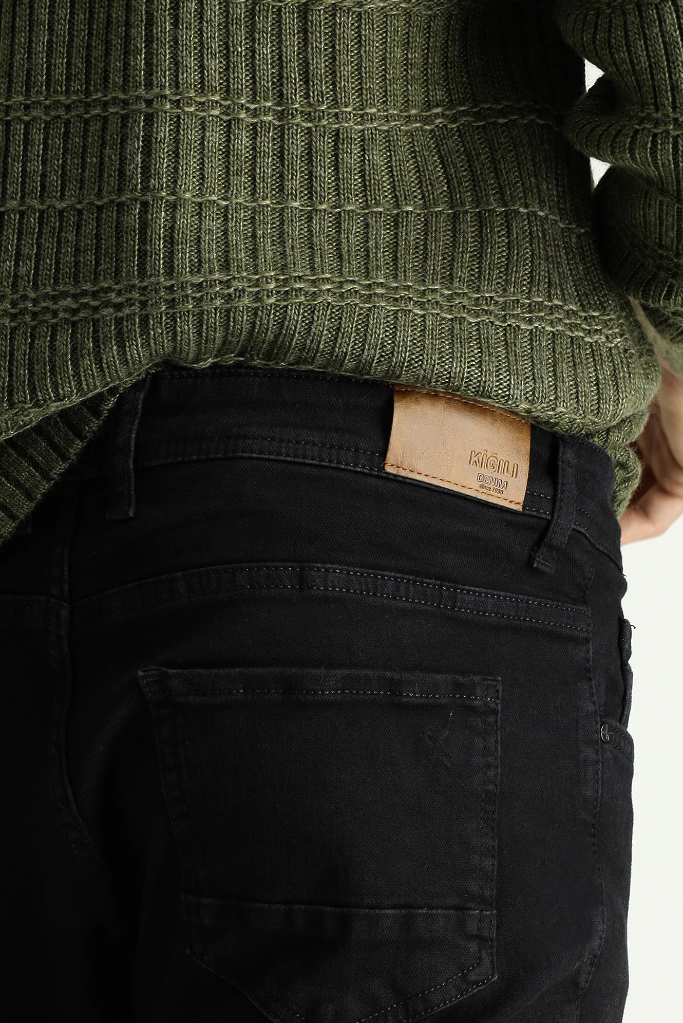 Siyah Slim Fit Dar Kesim Beli Lastikli İpli Likralı Örme Kanvas / Chino Pantolon - Image 5