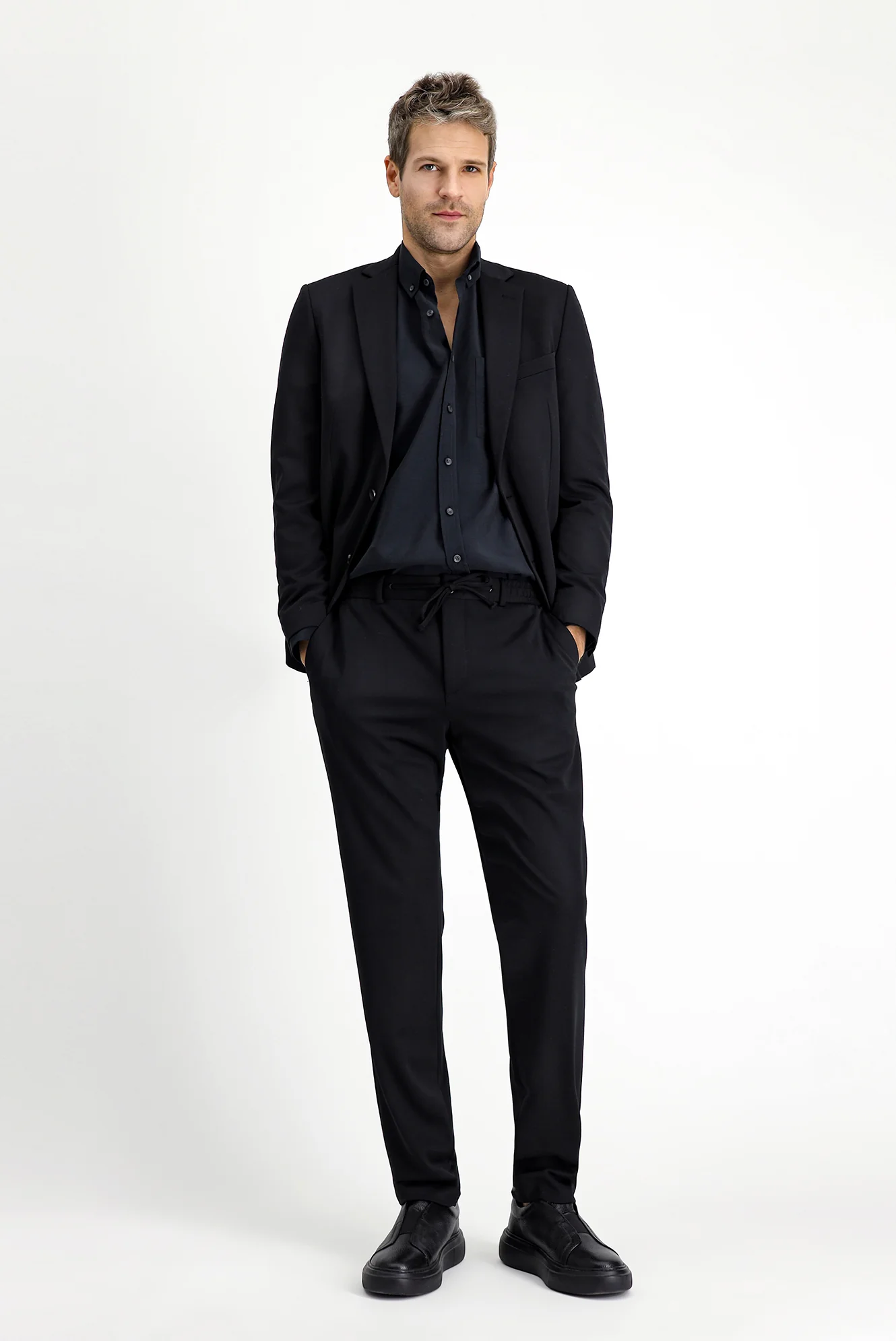 Siyah 7 Drop Slim Fit Dar Kesim Beli Lastikli İpli Likralı Örme Klasik Kumaş Pantolon