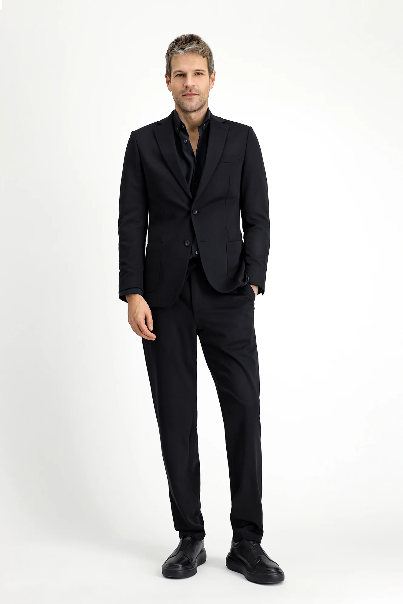 Siyah 7 Drop Slim Fit Dar Kesim Beli Lastikli İpli Likralı Örme Klasik Kumaş Pantolon - Image 2