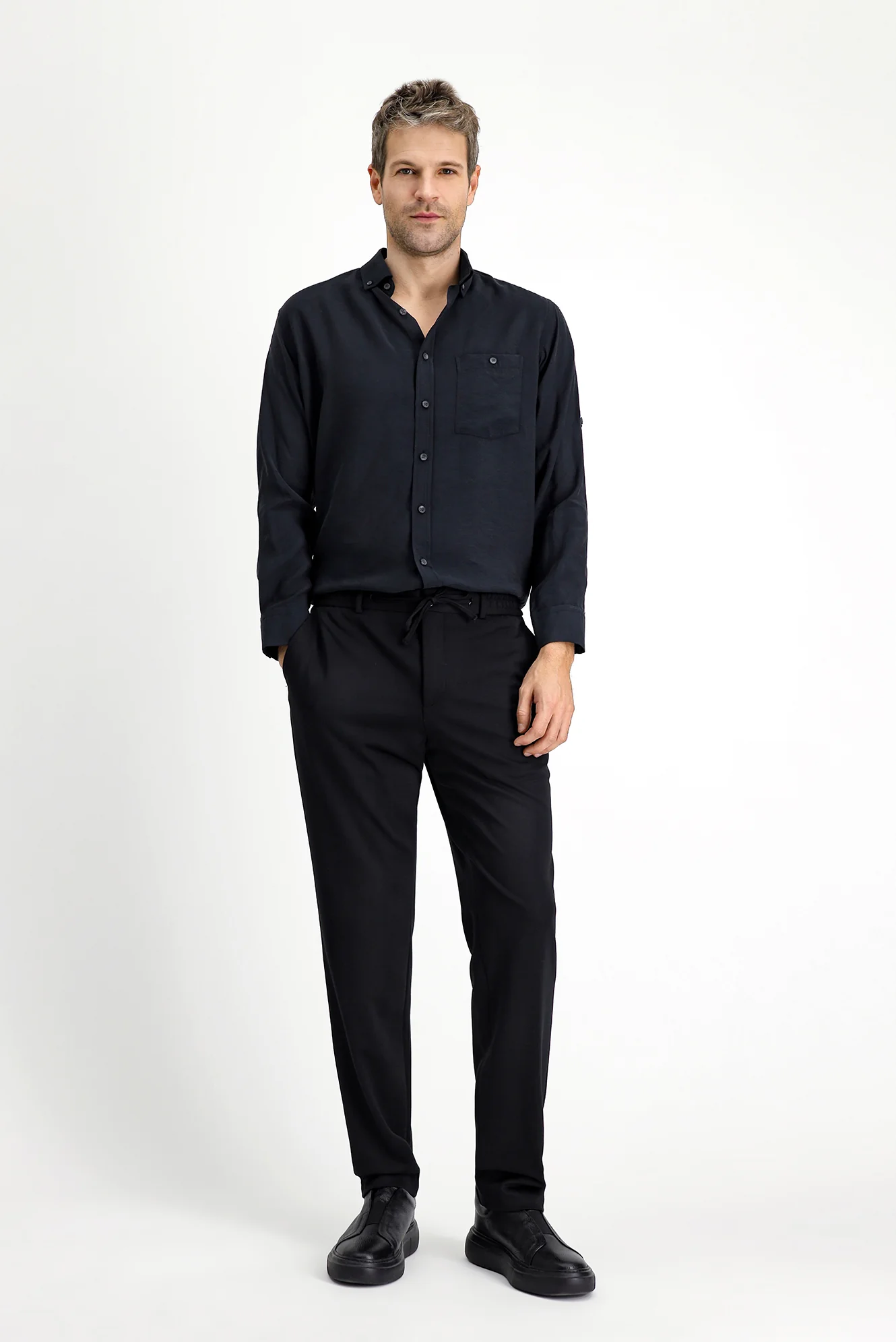 Siyah 7 Drop Slim Fit Dar Kesim Beli Lastikli İpli Likralı Örme Klasik Kumaş Pantolon - Image 3