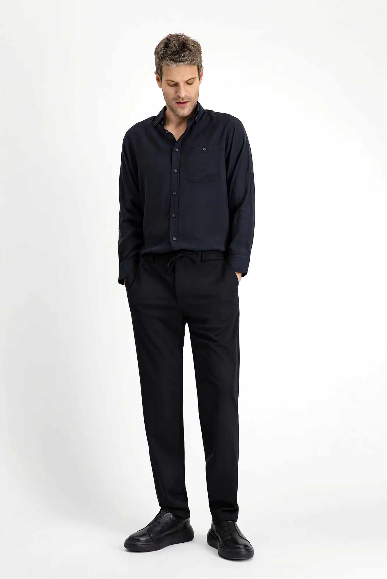 Siyah 7 Drop Slim Fit Dar Kesim Beli Lastikli İpli Likralı Örme Klasik Kumaş Pantolon - Image 4