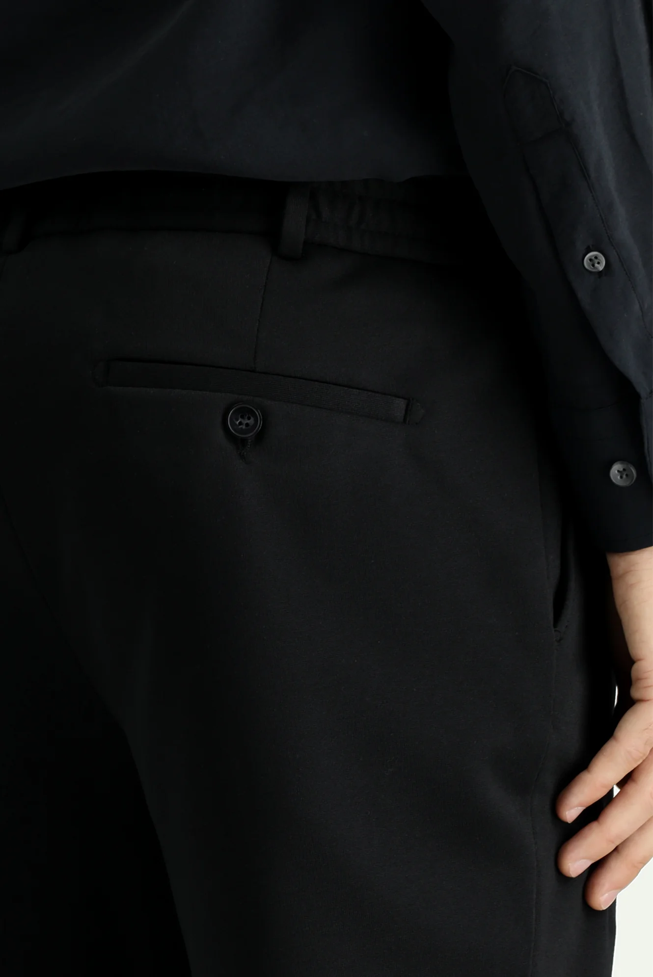 Siyah 7 Drop Slim Fit Dar Kesim Beli Lastikli İpli Likralı Örme Klasik Kumaş Pantolon - Image 7