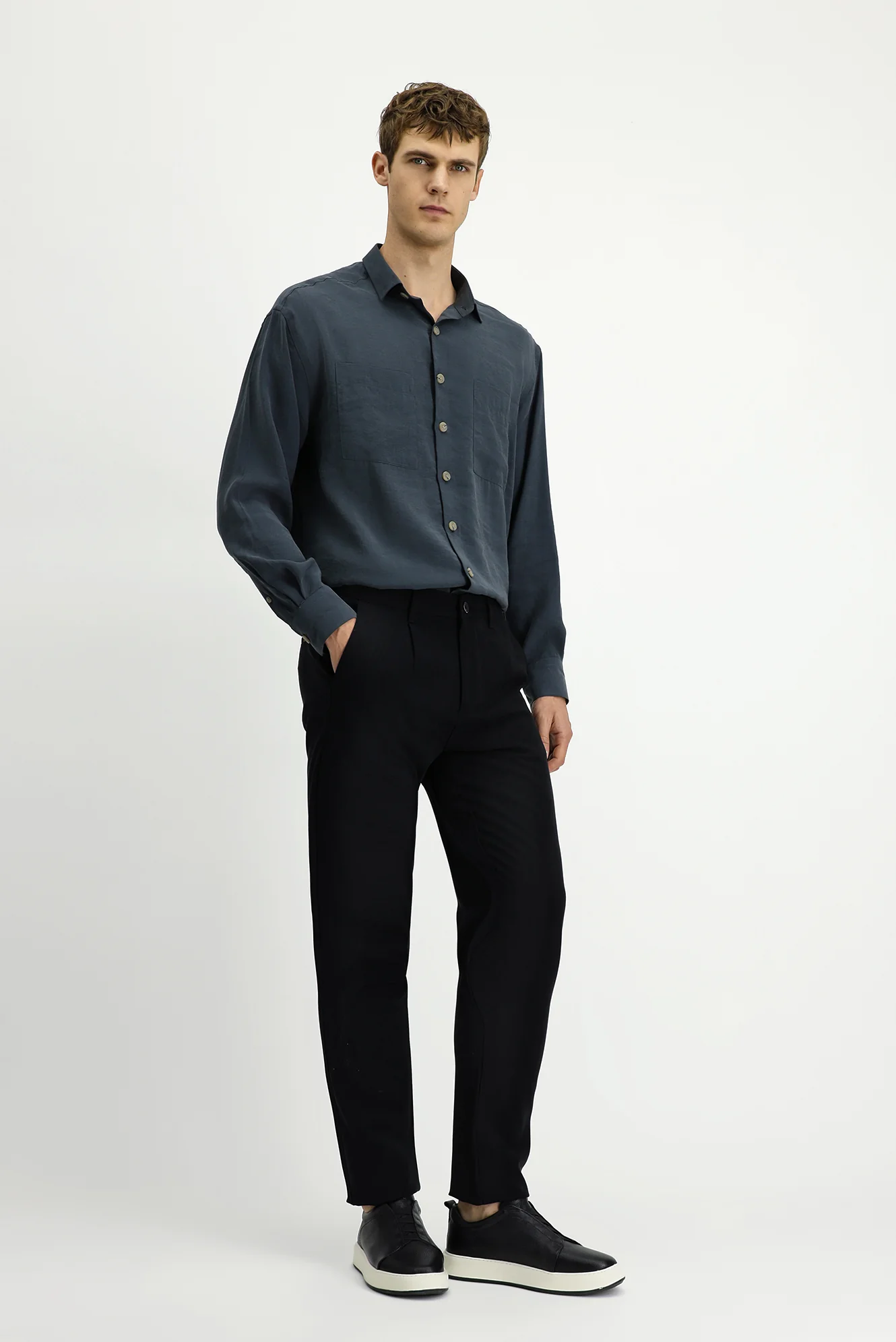 Siyah Slim Fit Dar Kesim Beli Lastikli Lyocell Kanvas / Chino Pantolon - Image 3