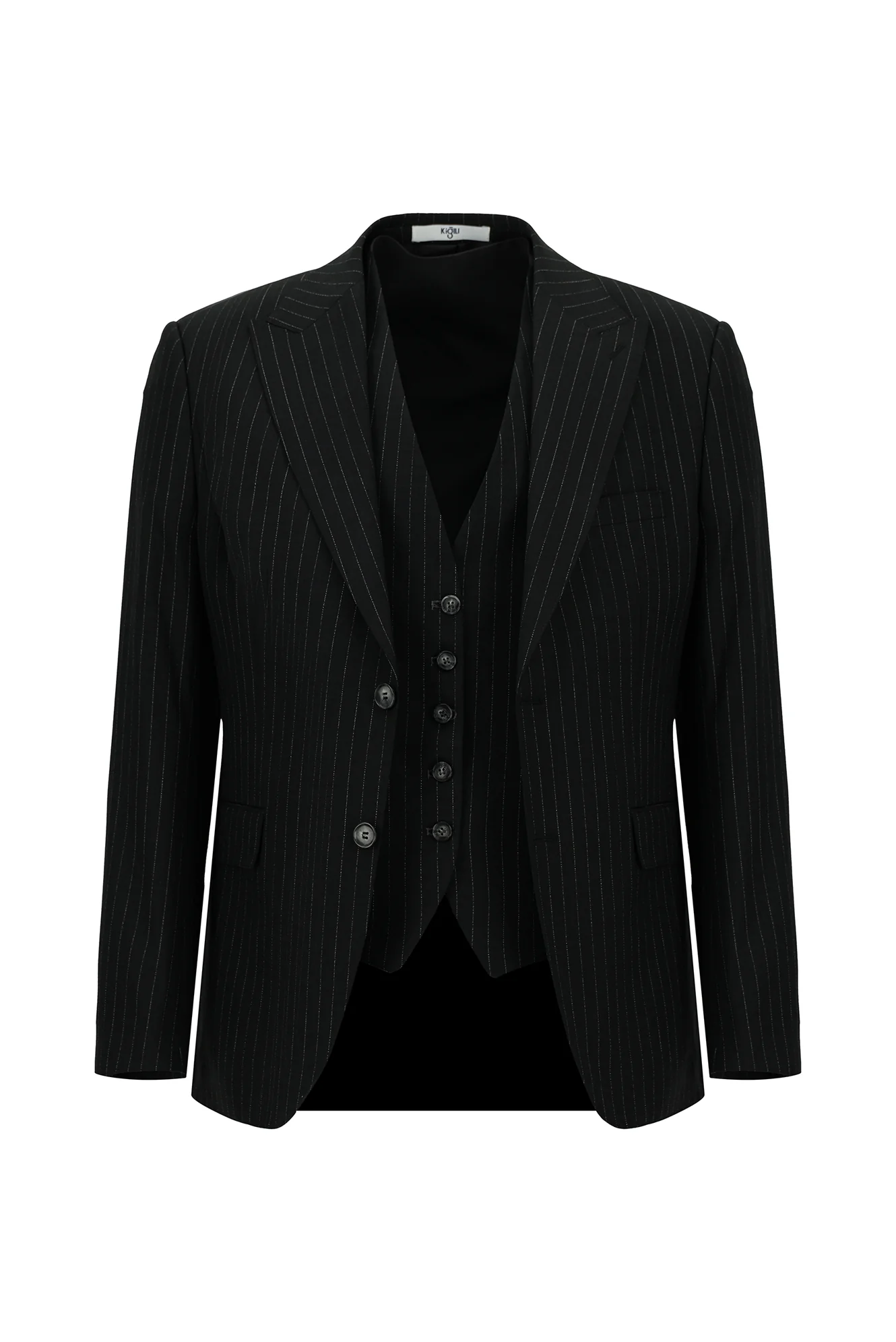 Siyah 7 Drop Slim Fit Dar Kesim Çizgili Kombinli Yelekli Takım Elbise - Image 2