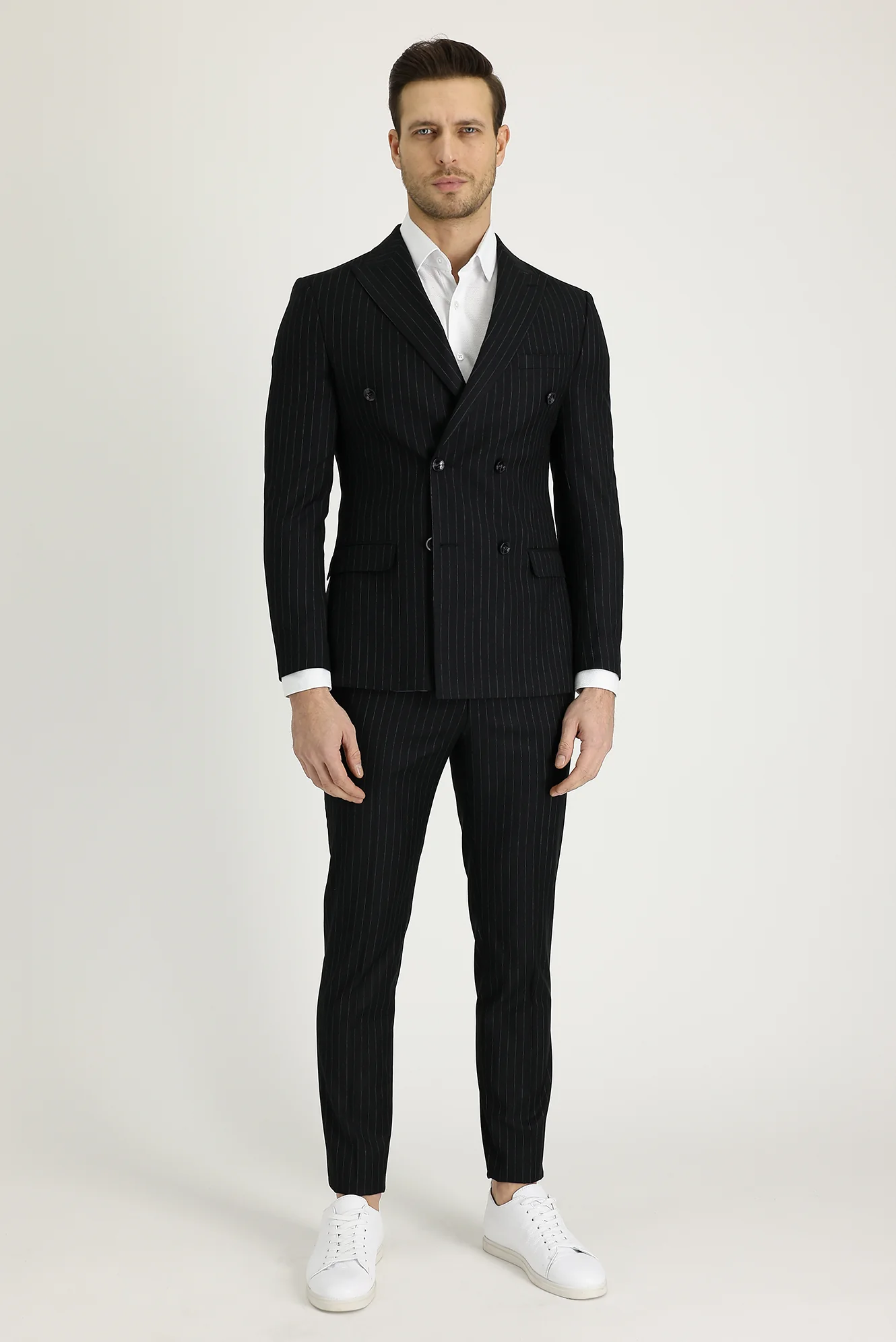 Siyah 7 Drop Slim Fit Dar Kesim Çizgili Kruvaze Takım Elbise - Image 2