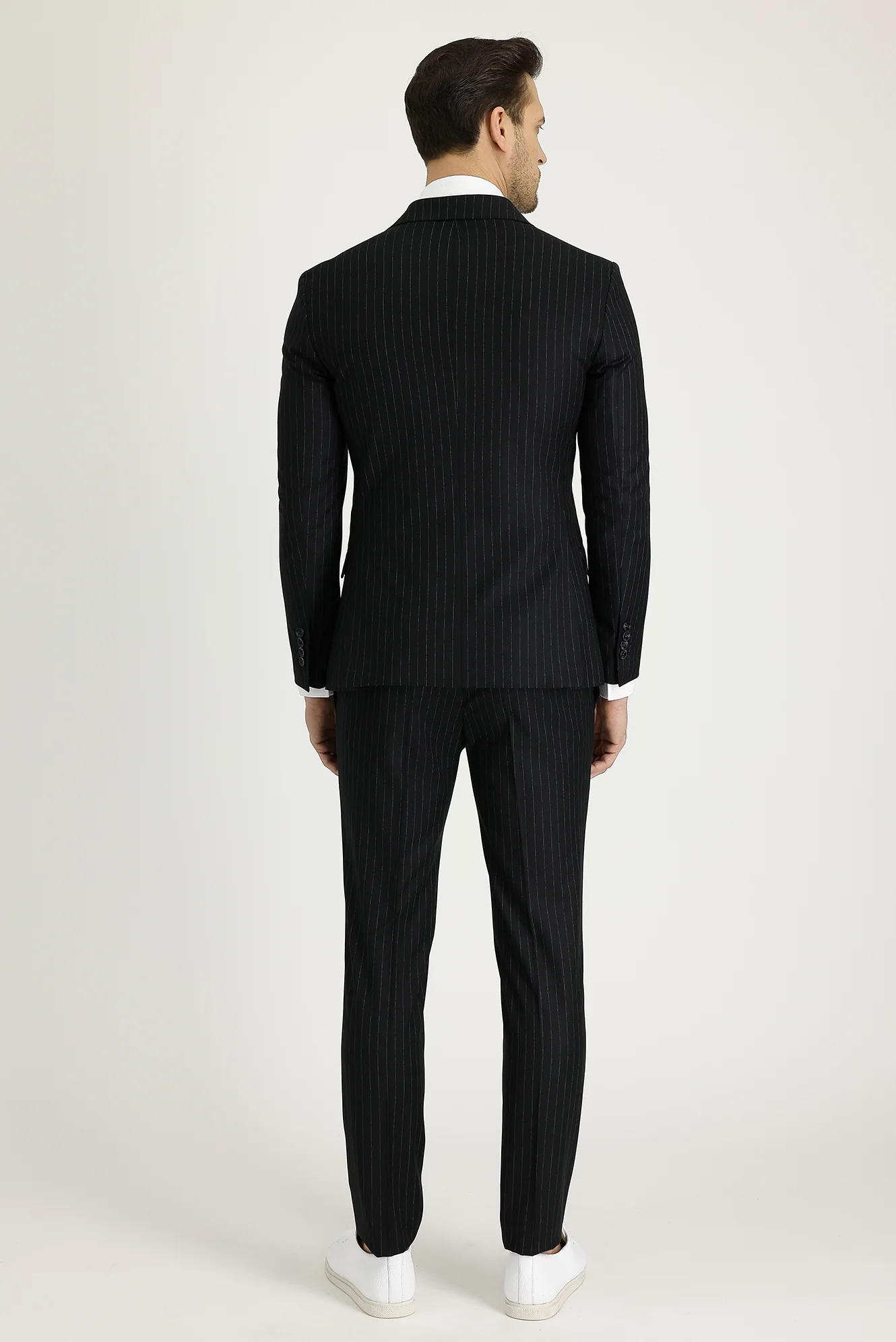 Siyah 7 Drop Slim Fit Dar Kesim Çizgili Kruvaze Takım Elbise - Image 3