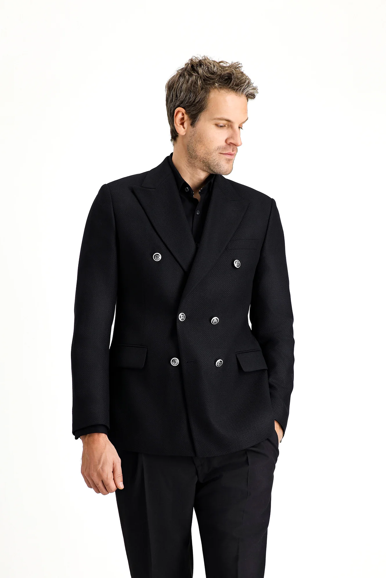 Siyah 7 Drop Slim Fit Dar Kesim Desenli Kruvaze Ceket