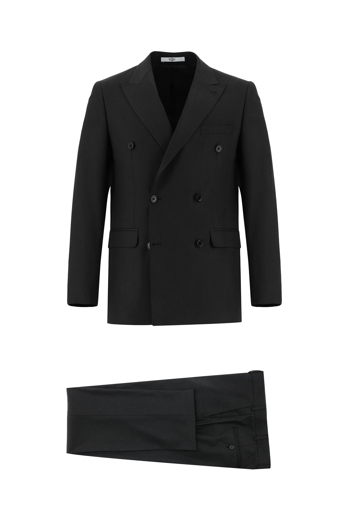 Siyah 7 Drop Slim Fit Dar Kesim Desenli Kruvaze Takım Elbise