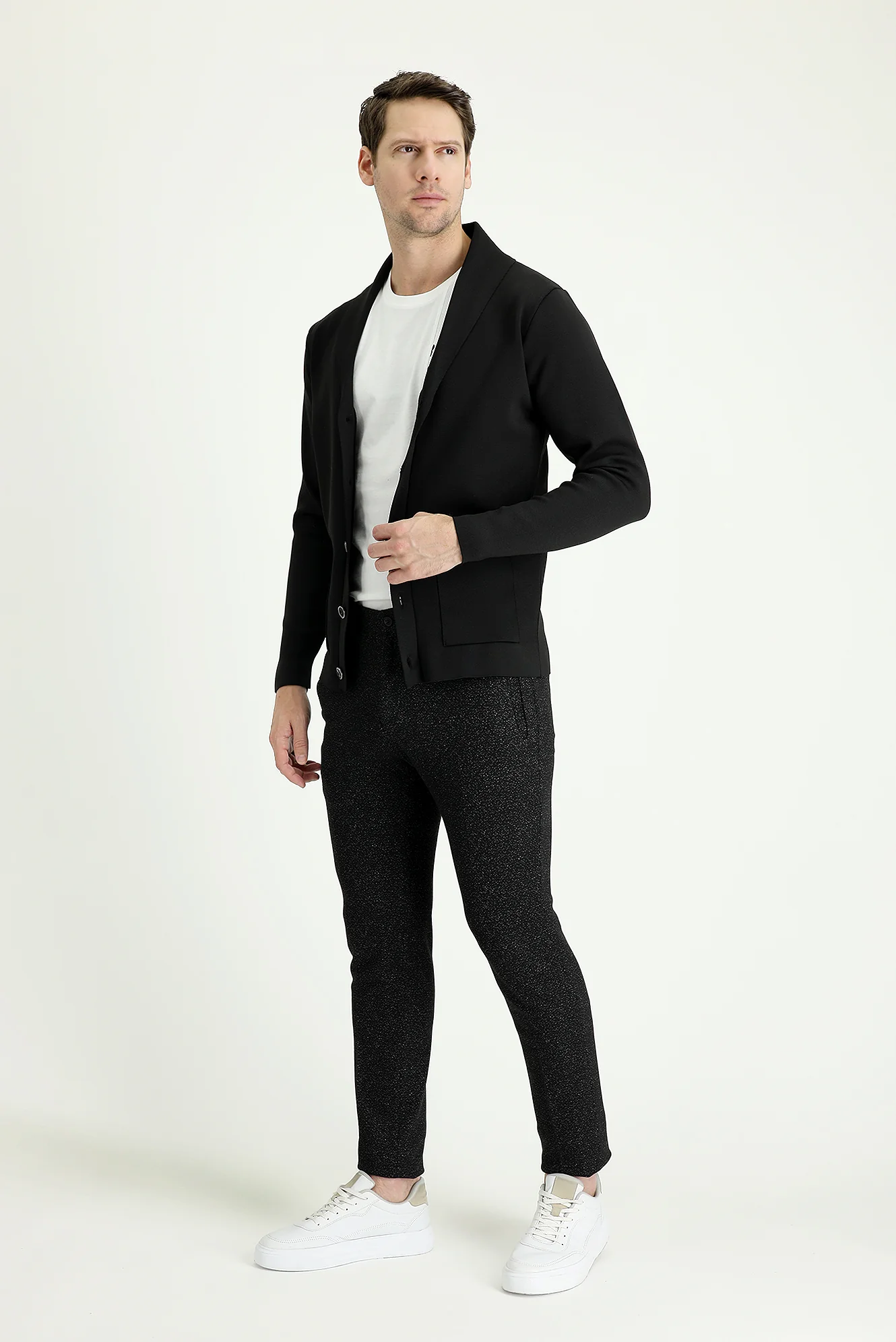 Siyah Slim Fit Dar Kesim Desenli Likralı Kanvas / Chino Pantolon