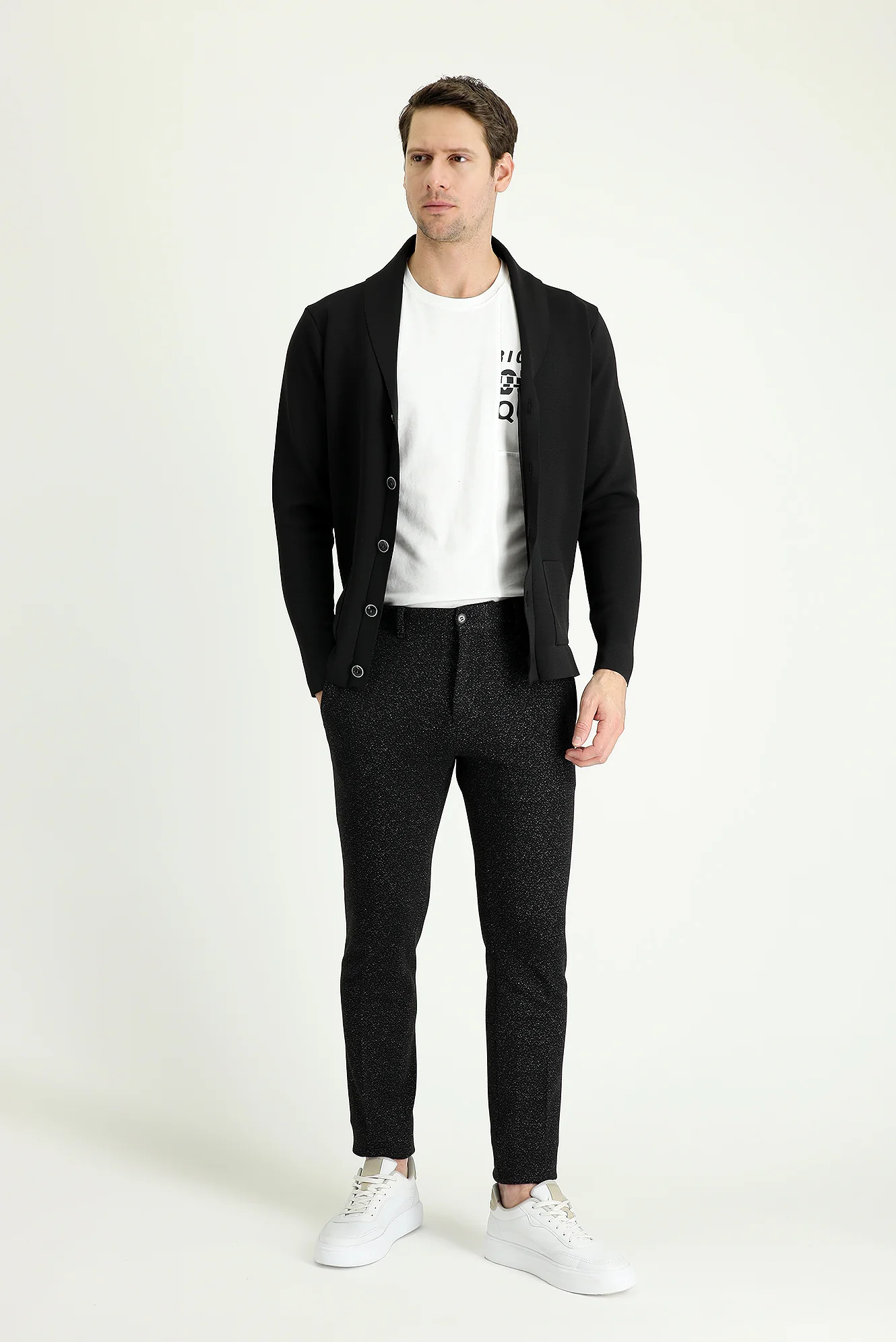 Siyah Slim Fit Dar Kesim Desenli Likralı Kanvas / Chino Pantolon - Image 2