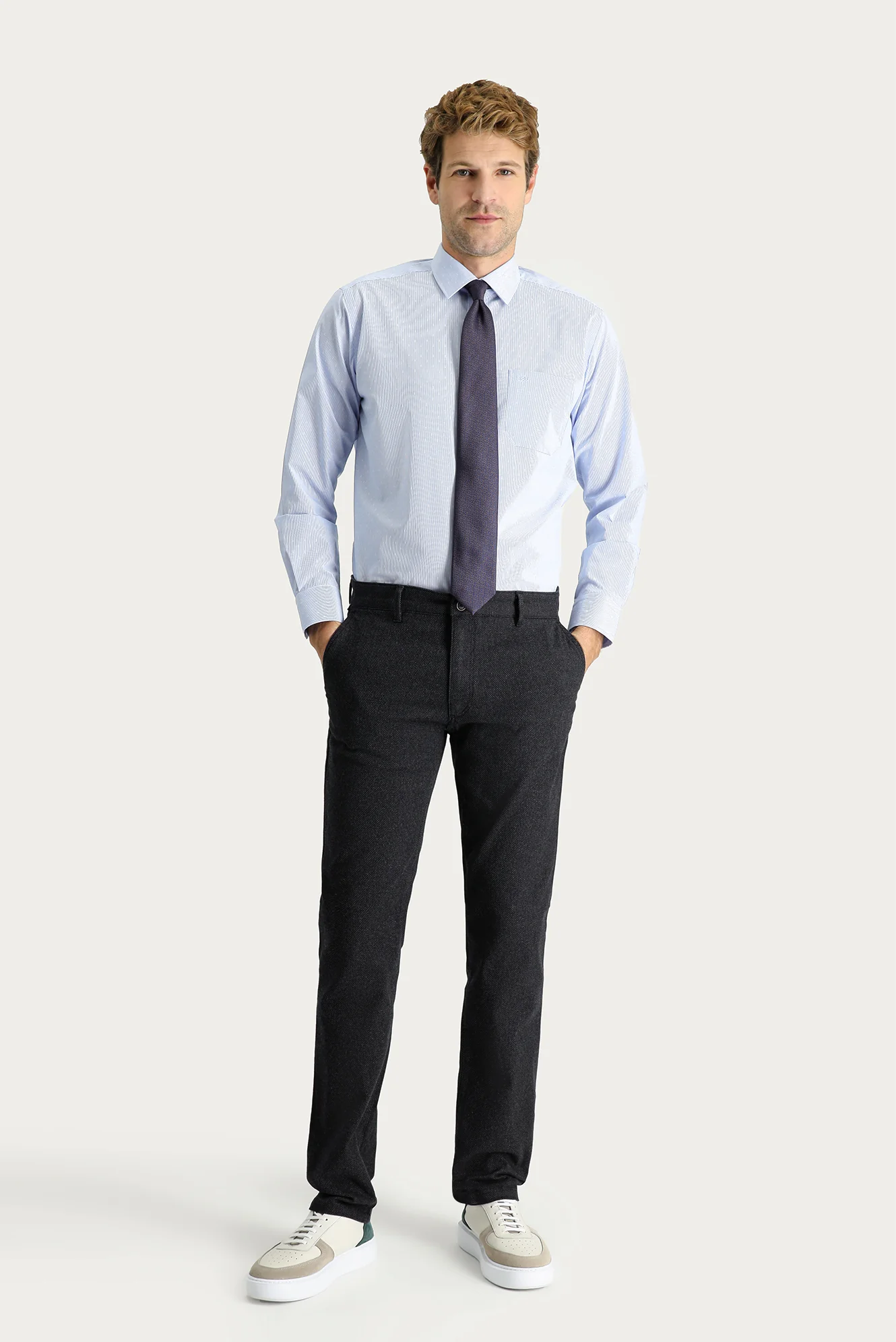 Siyah Slim Fit Dar Kesim Desenli Likralı Kanvas / Chino Pantolon