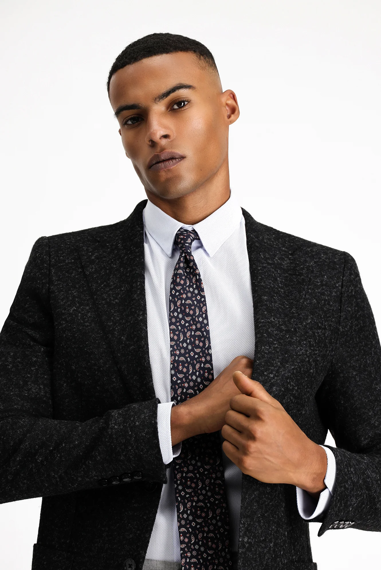 Siyah 7 Drop Slim Fit Dar Kesim Desenli Yünlü İtalyan Ceket - Image 3