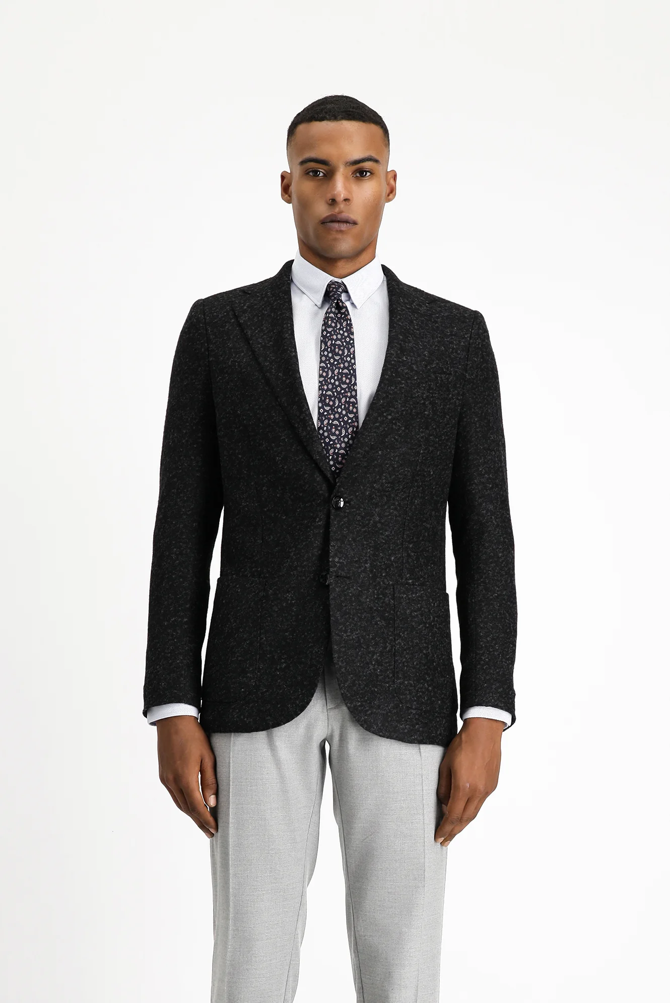 Siyah 7 Drop Slim Fit Dar Kesim Desenli Yünlü İtalyan Ceket - Image 4