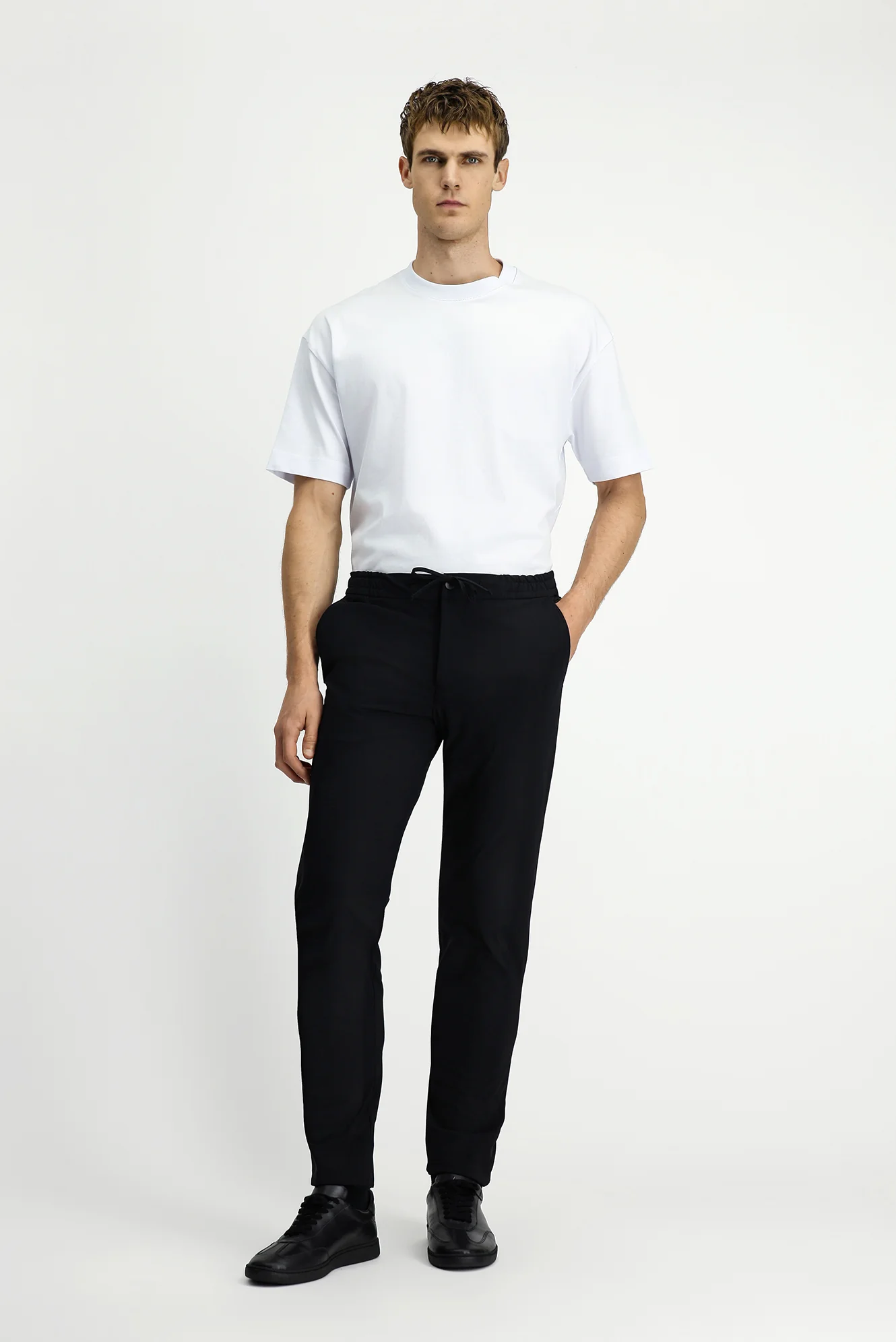 Siyah 7 Drop Slim Fit Dar Kesim Beli Lastikli İpli Klasik Kumaş Pantolon - Image 2