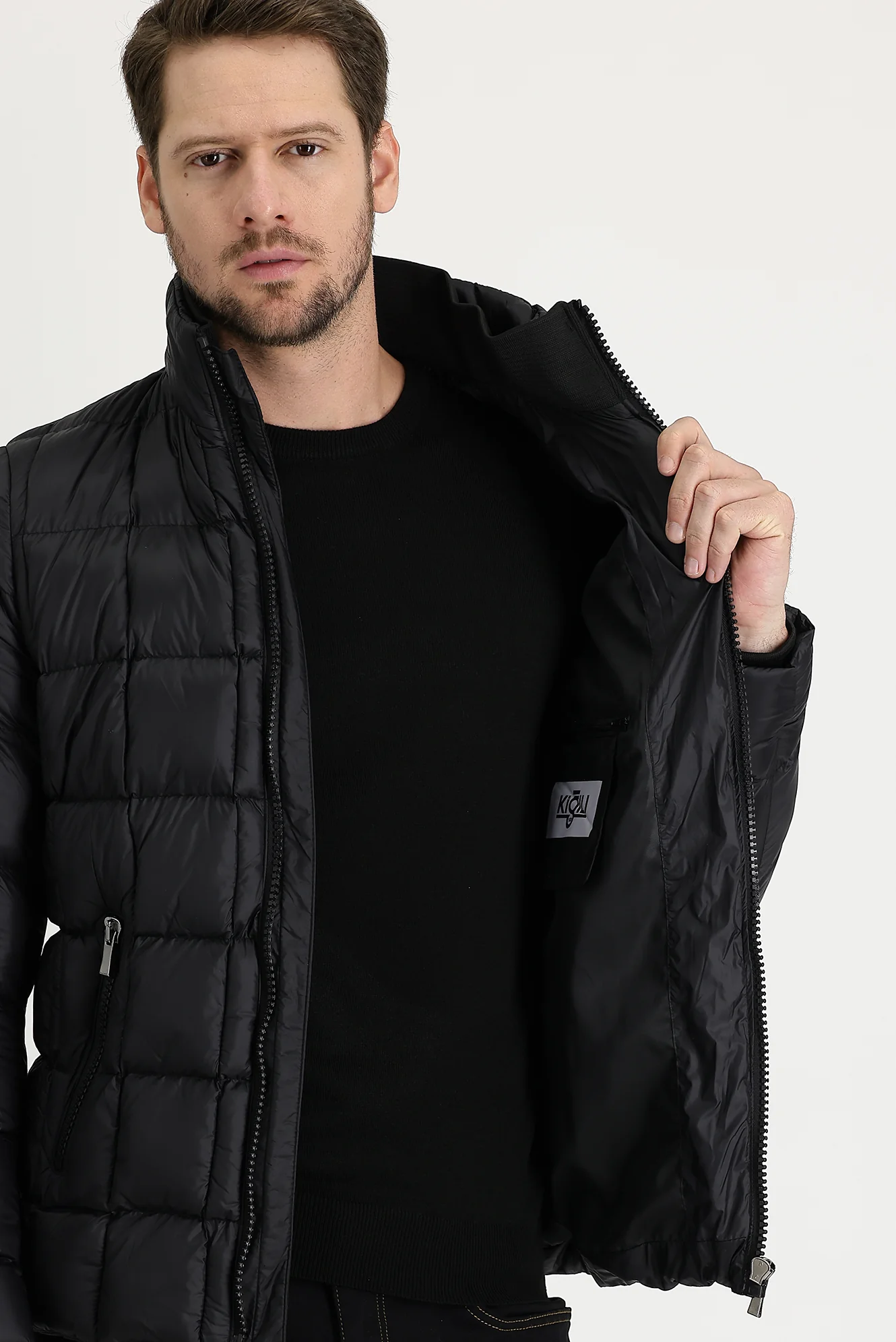Siyah Slim Fit Dar Kesim Kapüşonlu Kapitone Mont - Image 3