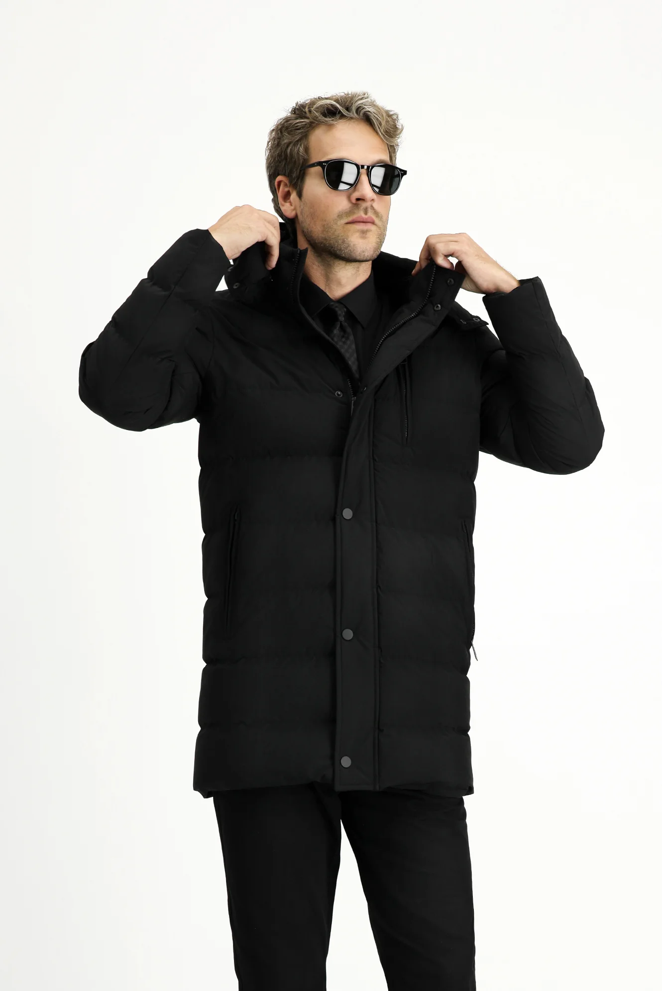 Siyah Slim Fit Dar Kesim Kapüşonlu Spor Şişme Kaban - Image 3
