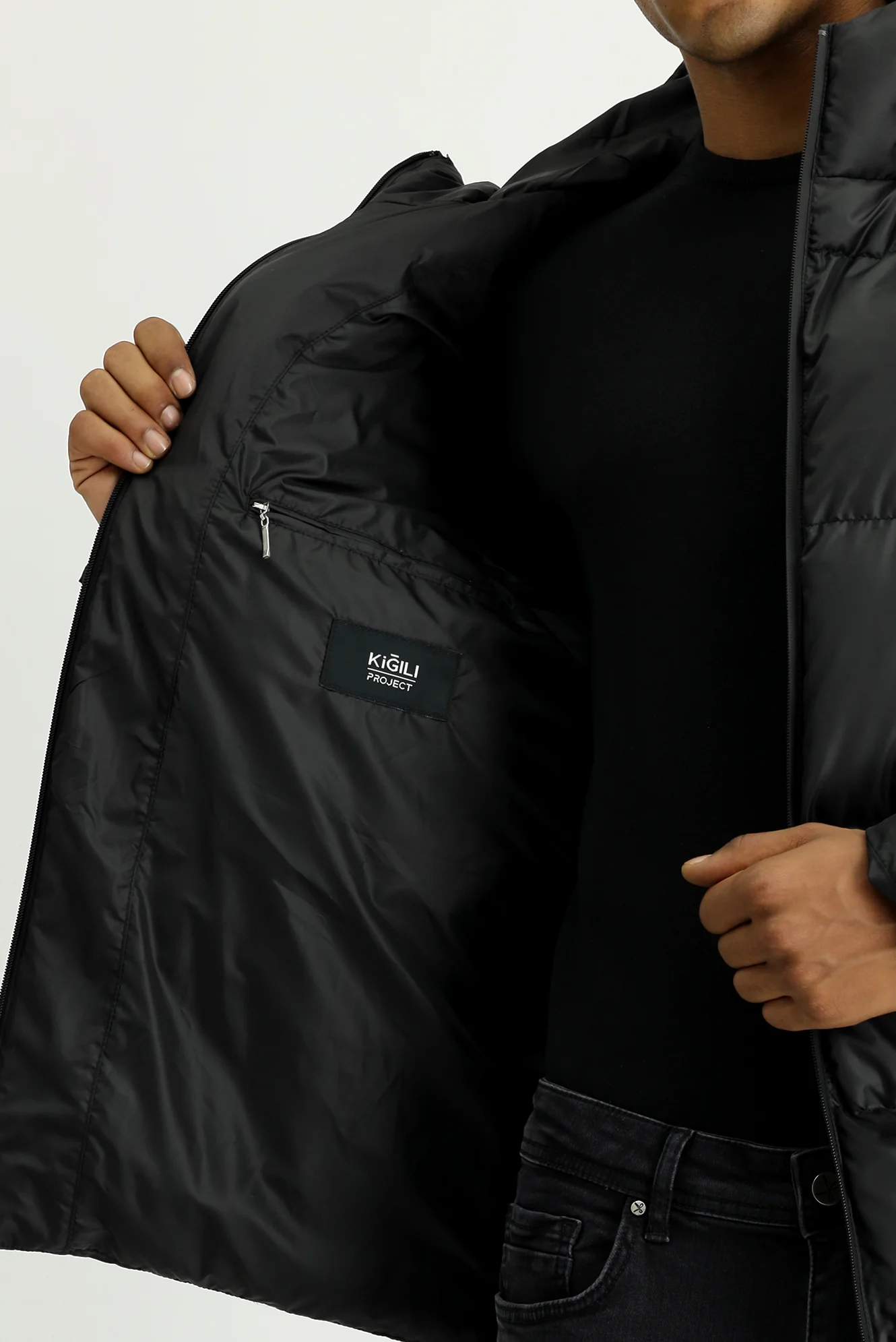 Siyah Slim Fit Dar Kesim Kapüşonlu Spor Şişme Mont - Image 5