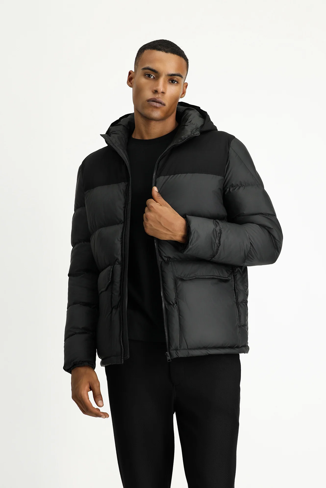 Siyah Slim Fit Dar Kesim Kapüşonlu Spor Şişme Mont - Image 2