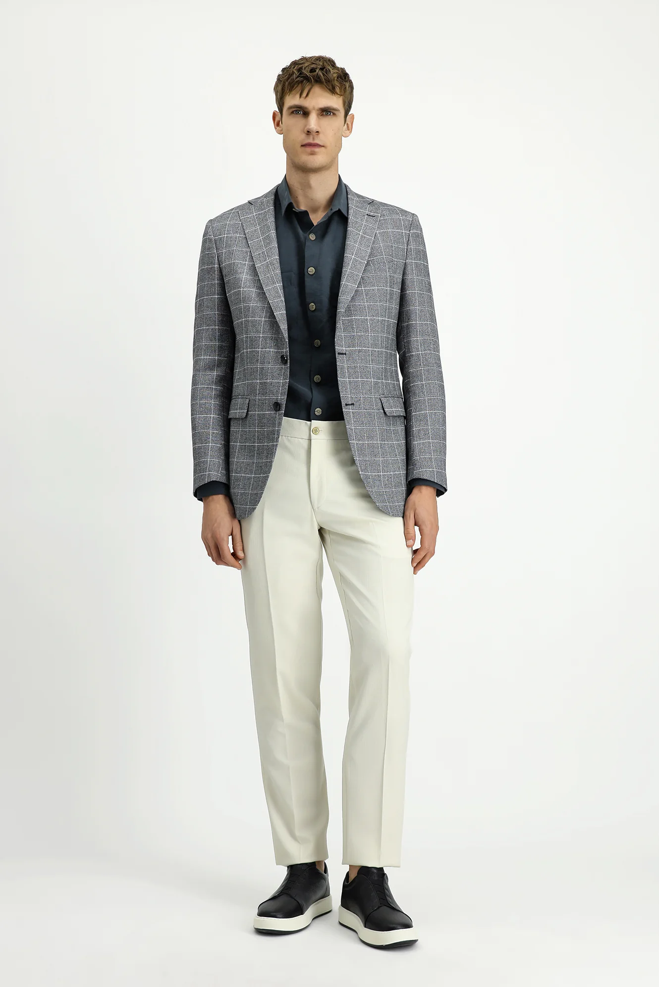 Siyah 7 Drop Slim Fit Dar Kesim Kareli Keten Karışımlı Ceket - Image 2