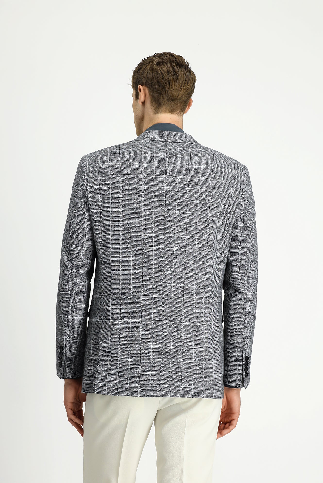 Siyah 7 Drop Slim Fit Dar Kesim Kareli Keten Karışımlı Ceket - Image 5